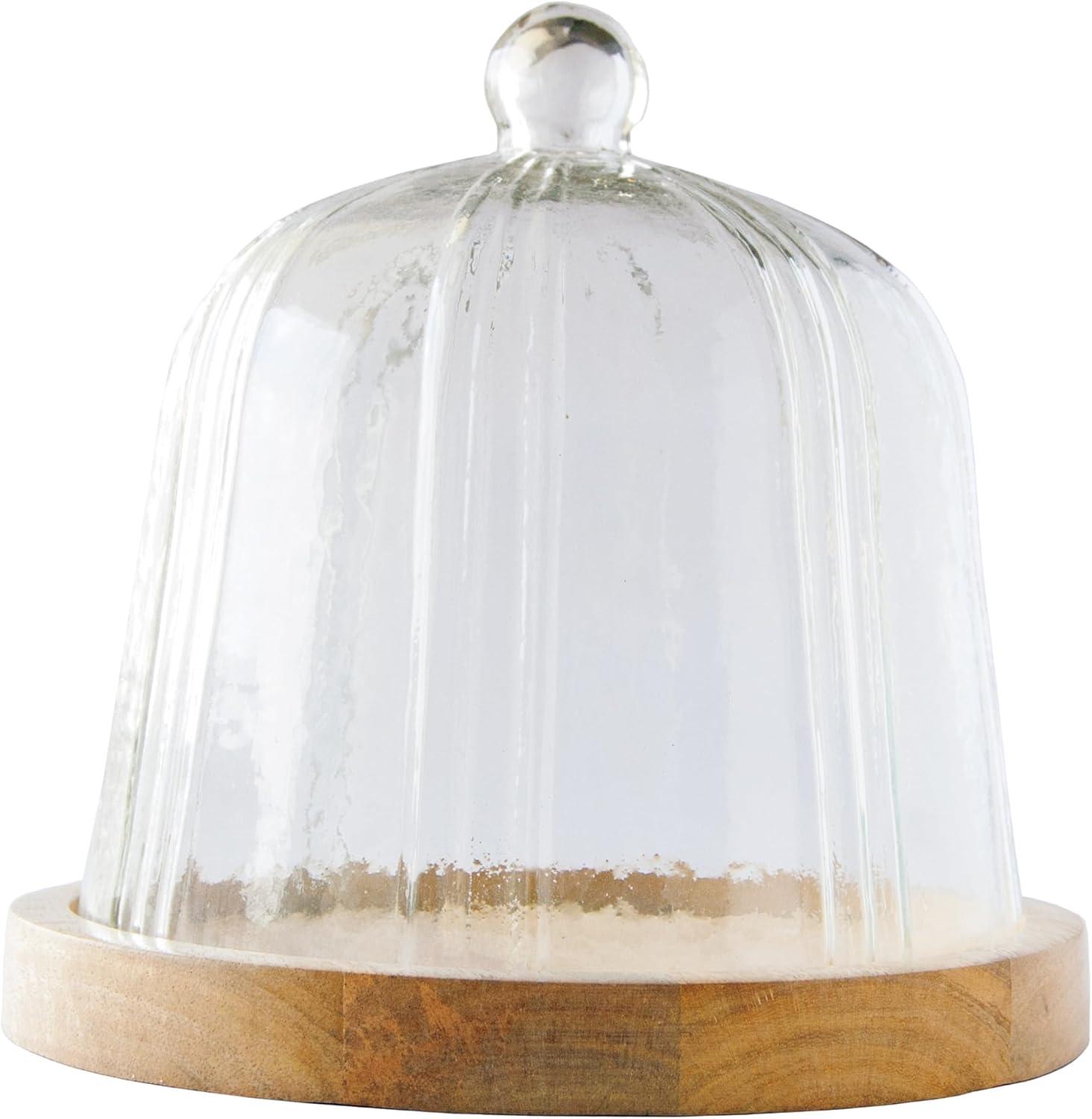 Clear Reclaimed Glass Cloche with Mango Wood Base, Medium