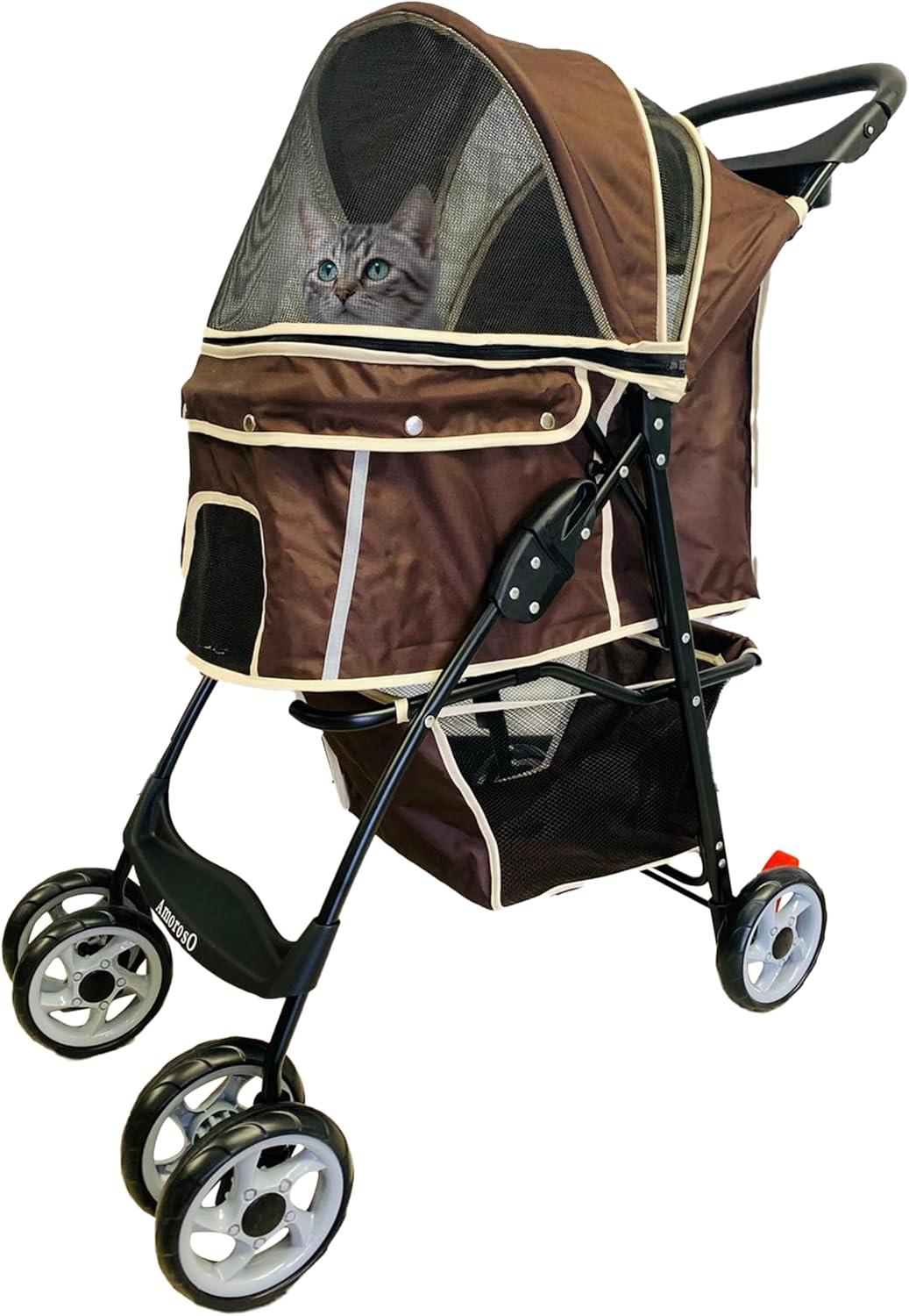 Brown and White Polyester Pet Stroller with Storage Basket