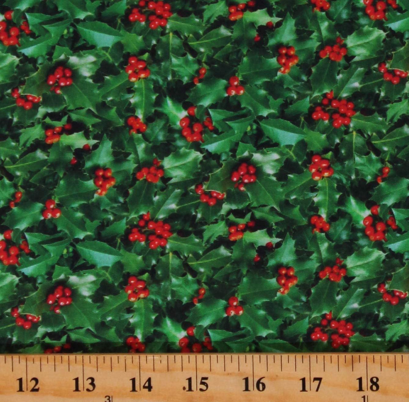 Green Cotton Winter Holly Leaves Christmas Fabric by the Yard