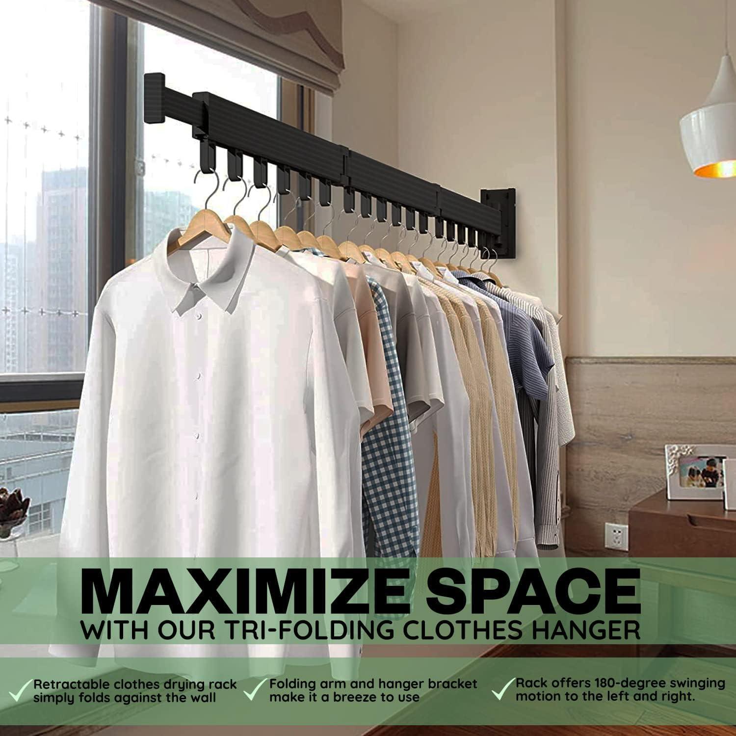 Wall Mounted Clothes Drying Rack For Laundry Room Organization, Folding and Collapsible Indoor Laundry Hanger Dryer Rack, Sturdy Foldable Hanging Organizer for Clothing, Black, Steel, 220 Lb Rating