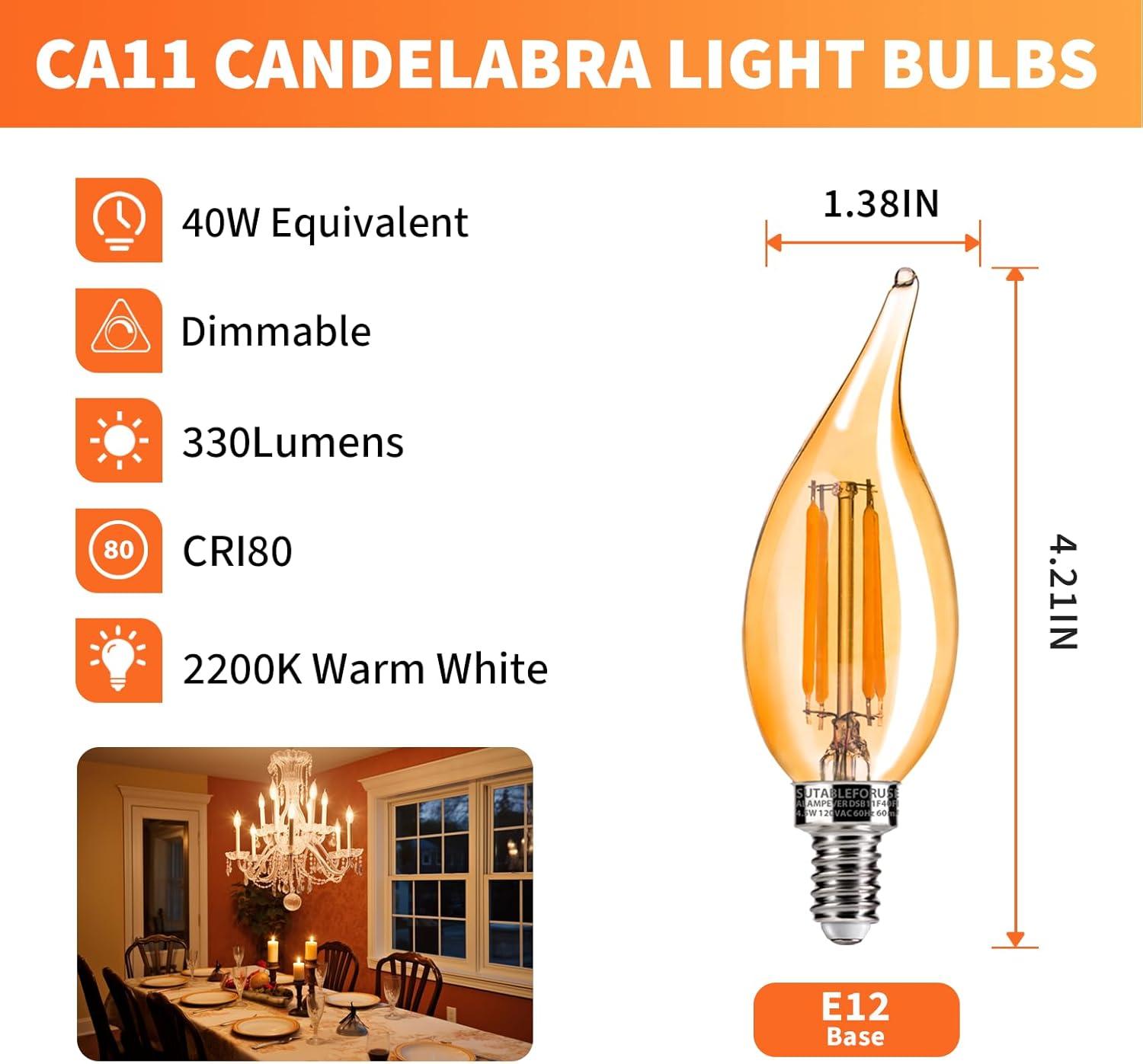 Amber Glass Dimmable LED Candelabra Bulbs 6-Pack