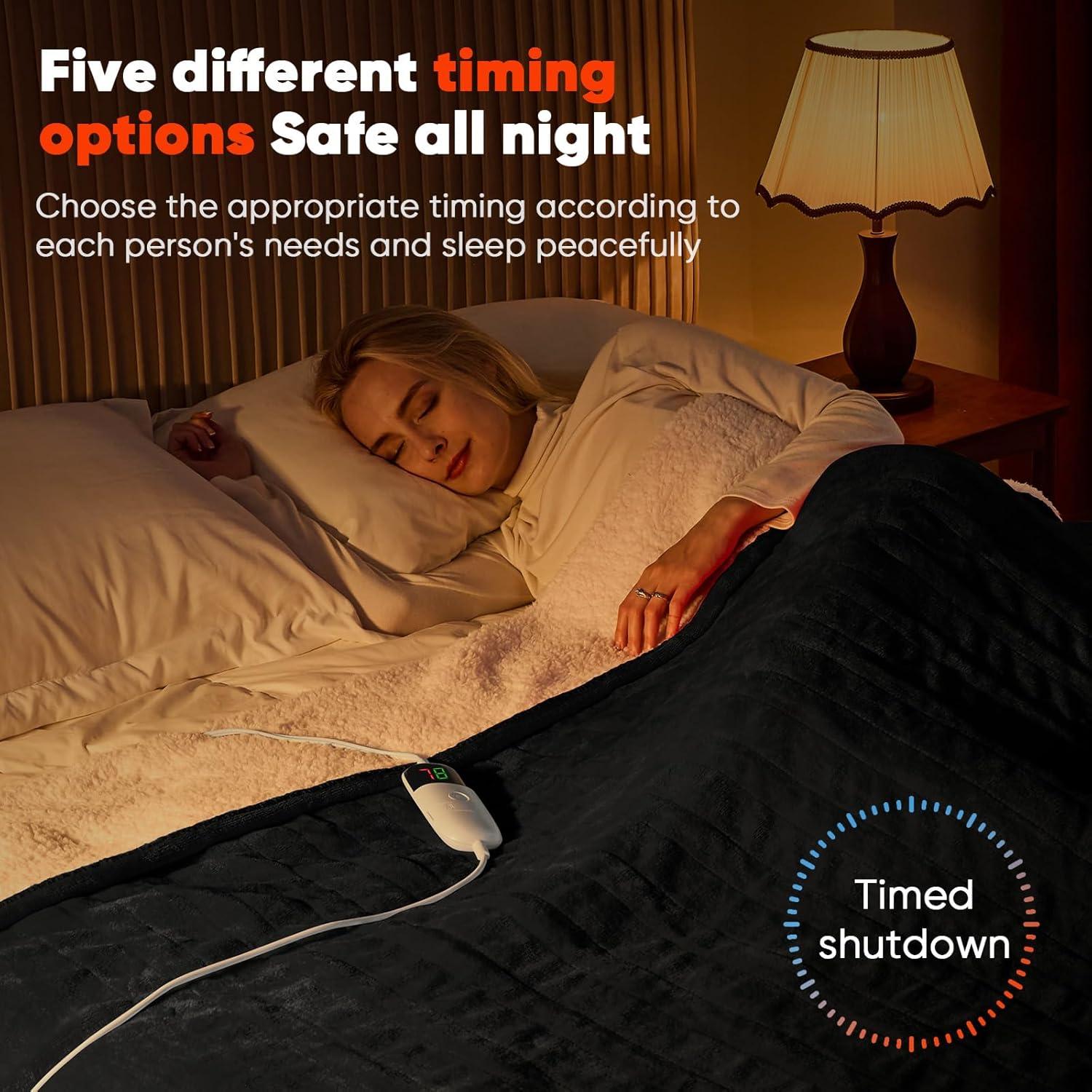 greenoak Heated Blanket Electric Throw 50"X60", Heating Blanket with 10 Heat Levels 1/2/4/6/8 Hours Auto-Off Overheat Protection, Flannel Sherpa Soft Warm Heater, ETL Certified Lacquered Black