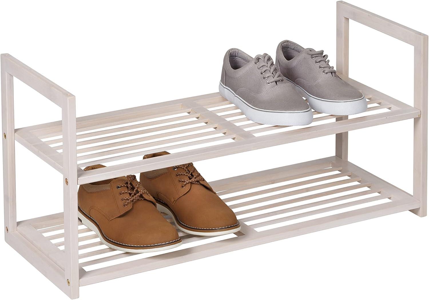 White Wash Bamboo and Metal 2-Tier Stackable Shoe Rack