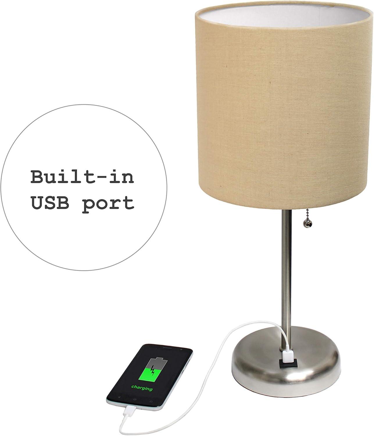LimeLights Stick Lamp with USB charging port and Fabric Shade, Tan