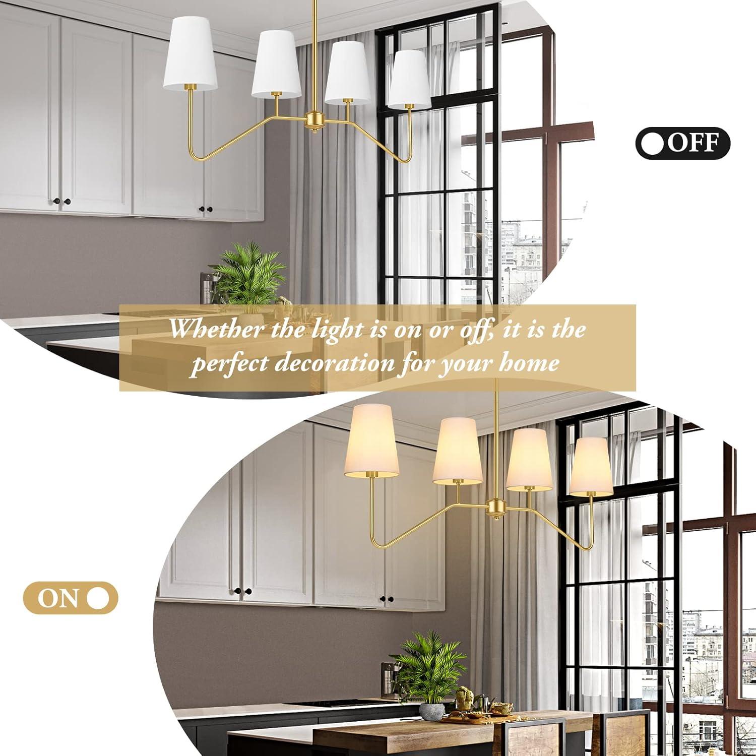 Brightever 4-Light Gold Linear Chandelier, Kicthen Island Light Fixture for Dining Room Over Table, Modern Pendant Lighting with White Fabric Shades for Pool Table, E12 Base (Bulb not Included)