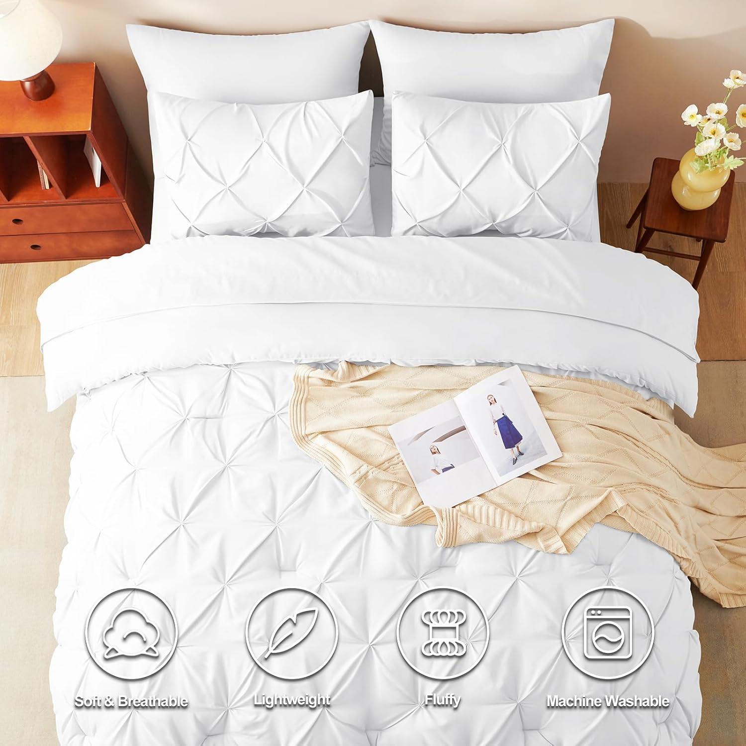 Cozy Comfort White King Comforter Set - 7 Pieces Pintuck Bed in A Bag, Bedding Sets with Comforters, Sheets, Pillowcases & Shams