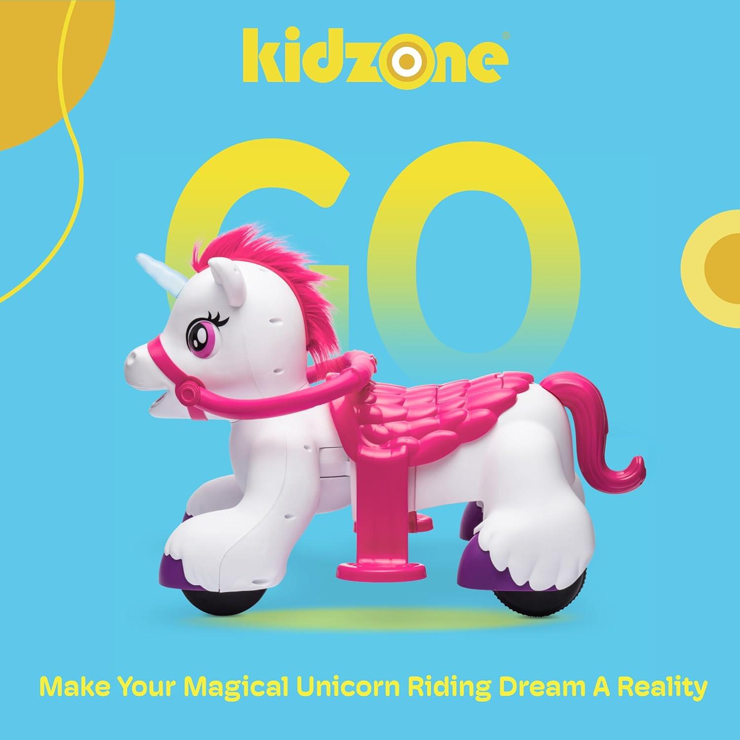 Kidzone 12V Unicorn Ride-On Car, Battery-Powered Electric Vehicle for Kids, Interactive Toy Car for Kids Age 18-36 Months, Includes Carrot Toy, Comb,and Funny Animal Sounds, White