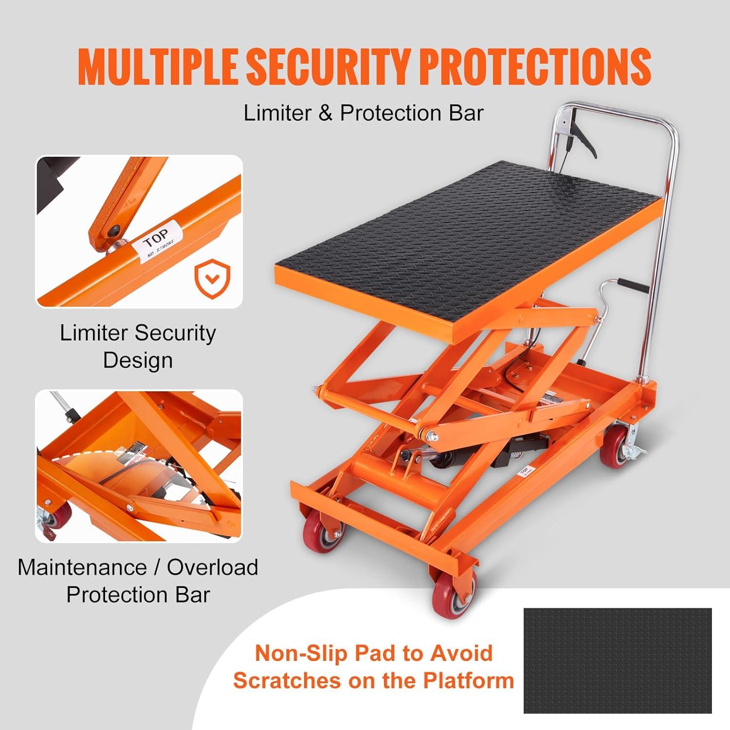 VEVOR Orange Hydraulic Lift Table Cart with Non-Slip Pad