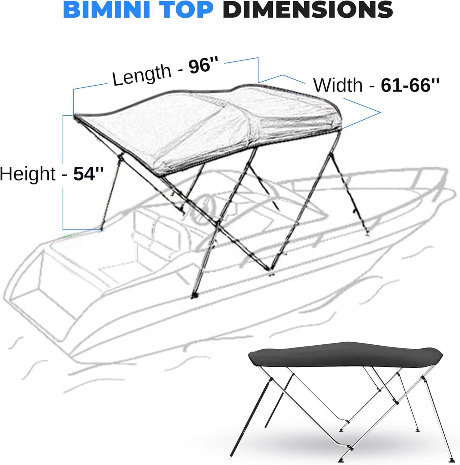 SereneLife 4 Bow Bimini Top Boat Cover - 96" x 61-66" x 54" - Gray