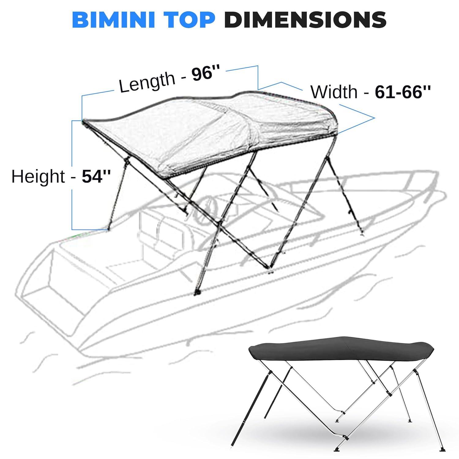 SereneLife 4 Bow Bimini Top Boat Cover - 96" x 61-66" x 54" - Gray