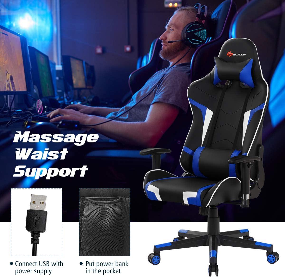 Costway Massage Gaming Chair Reclining Swivel Racing Office Chair w/Lumbar Support Blue
