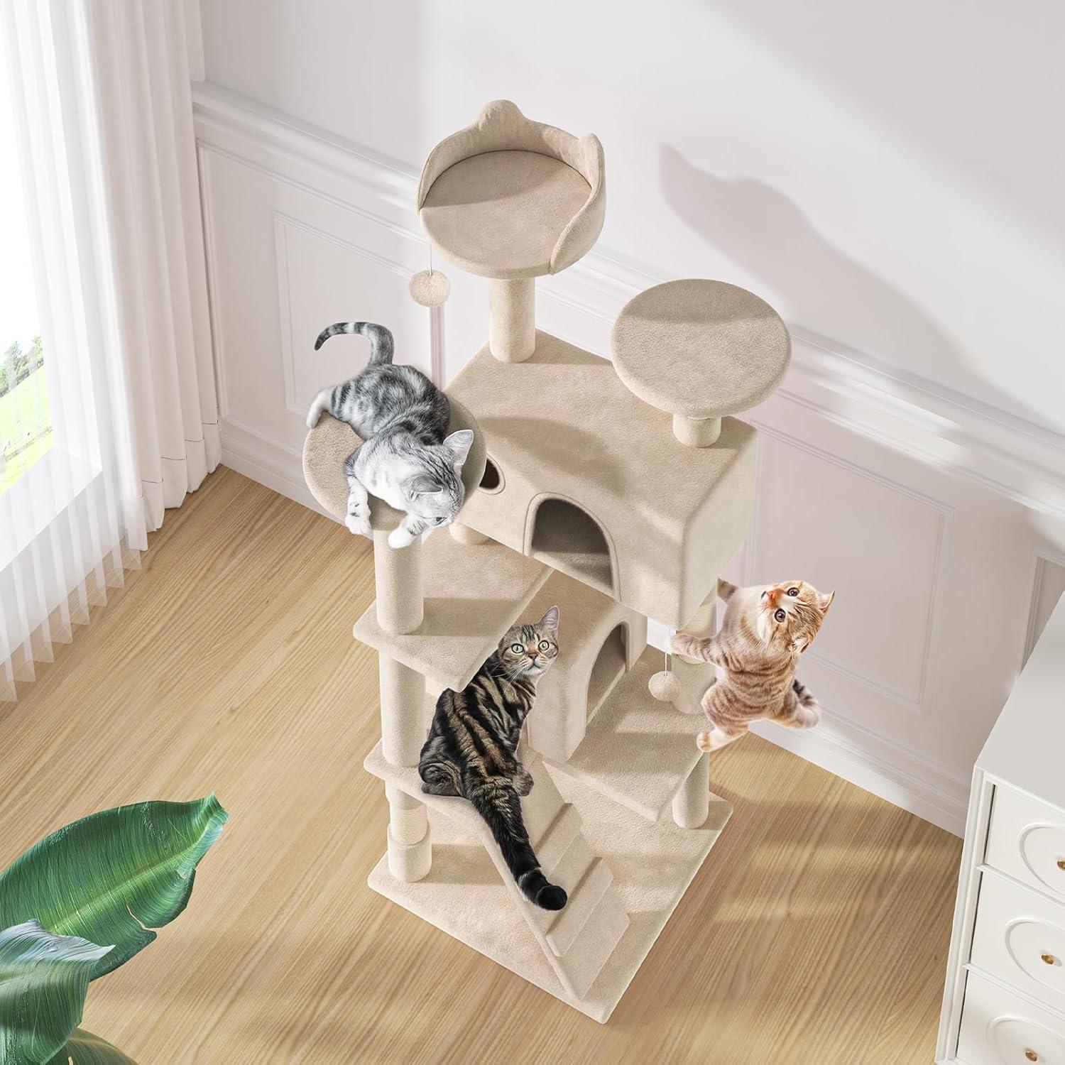 MoNiBloom 54" Cat Tree & Condo Scratching Post Tower, Beige