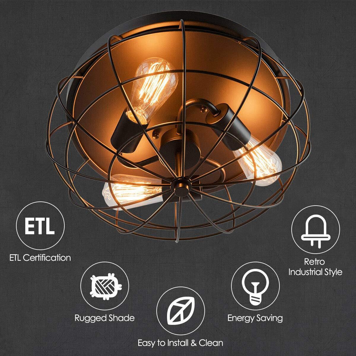 Tangkula 3-Light Industrial Style Rustic Ceiling Light Fixture with Iron Metal Cage Lampshade, Vintage Ceiling Lighting Lamp