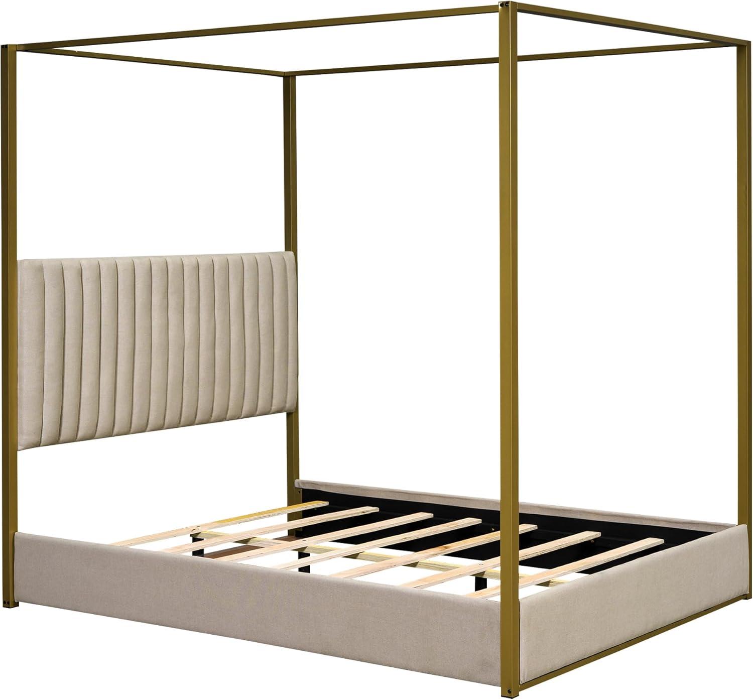 Harper & Bright Designs Queen Size Canopy Platform Bed with Channel Upholstery Tufted Headboard, Gold Metal 4 Post Canopy Bed Frame for Boys Girls Adult, Beige