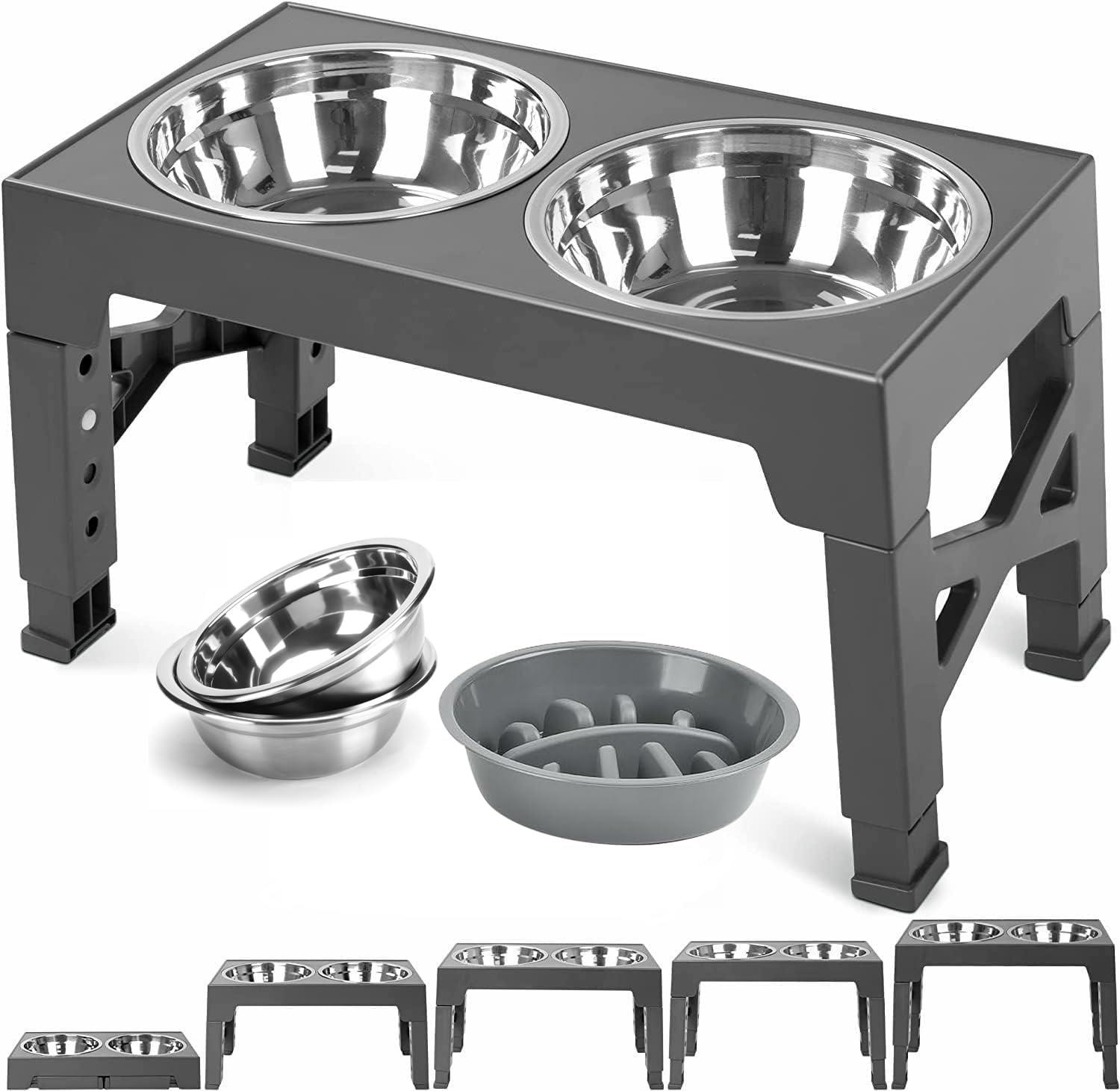 ZALALOVA Elevated Dog Bowls Stand with 2 Stainless Steel Dishes 1 Slow Feeder Dog Bowl, Raised Dog Bowl Adjusts to 5 Heights (3.15",8.9'',10",11.2'',12.4") for Medium and Large Dogs(Gray)