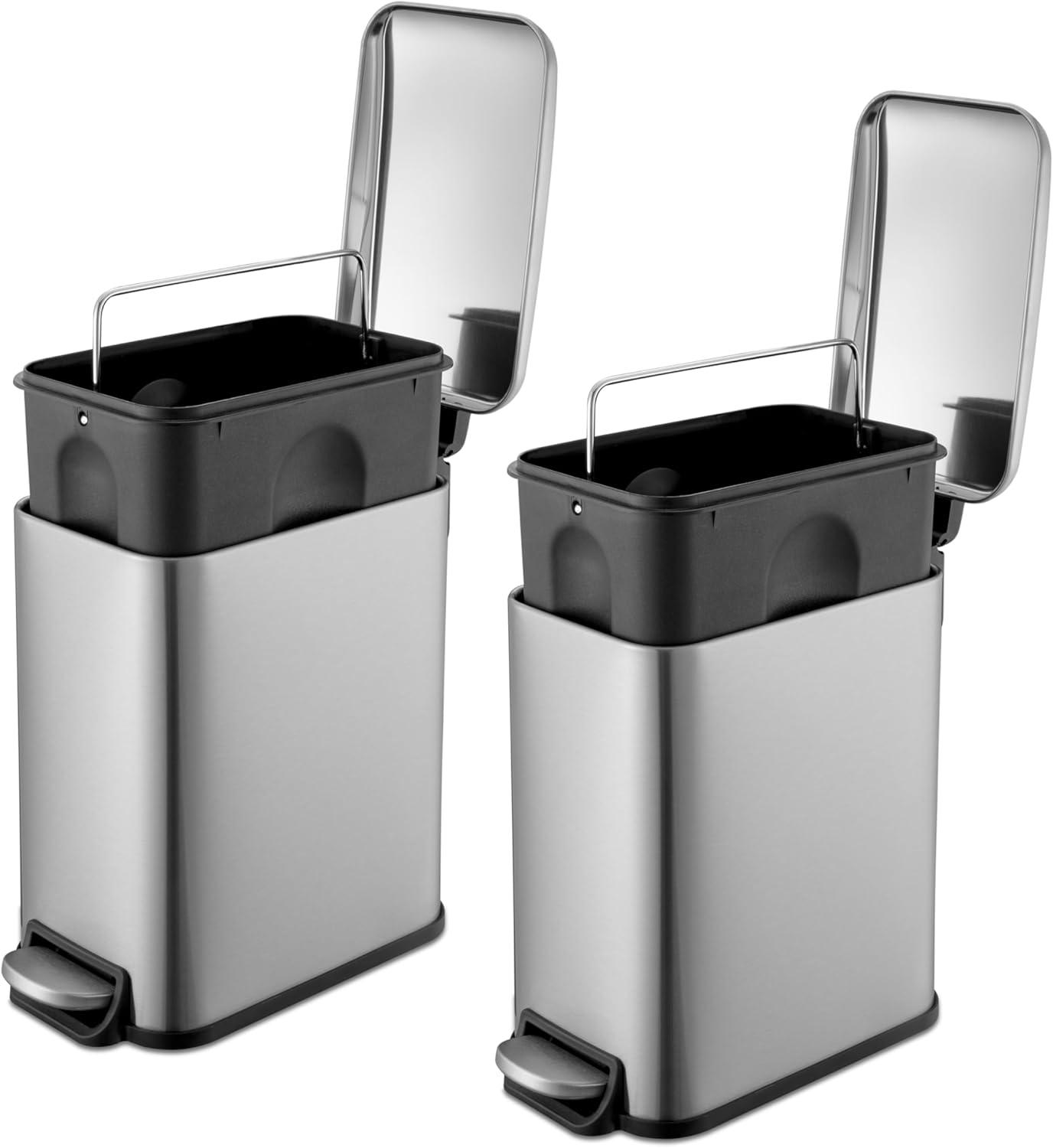 Slim Stainless Steel Step-On Trash Can Set, 1.3 Gallon, Silver