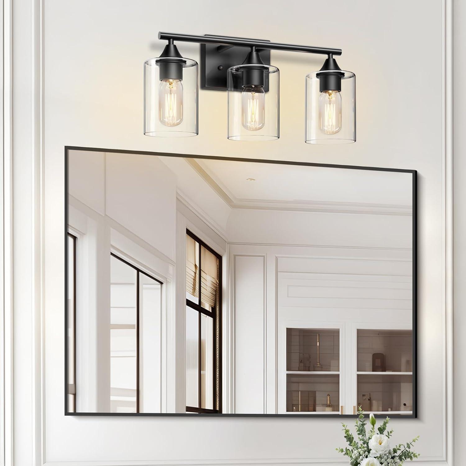 3-Light Bathroom Light Fixtures Bathroom Vanity Lights with Clear Glass Shades Matte Black Bathroom Light Fixtures over mirror for Mirror Living Room Cabinet Bedroom Porch