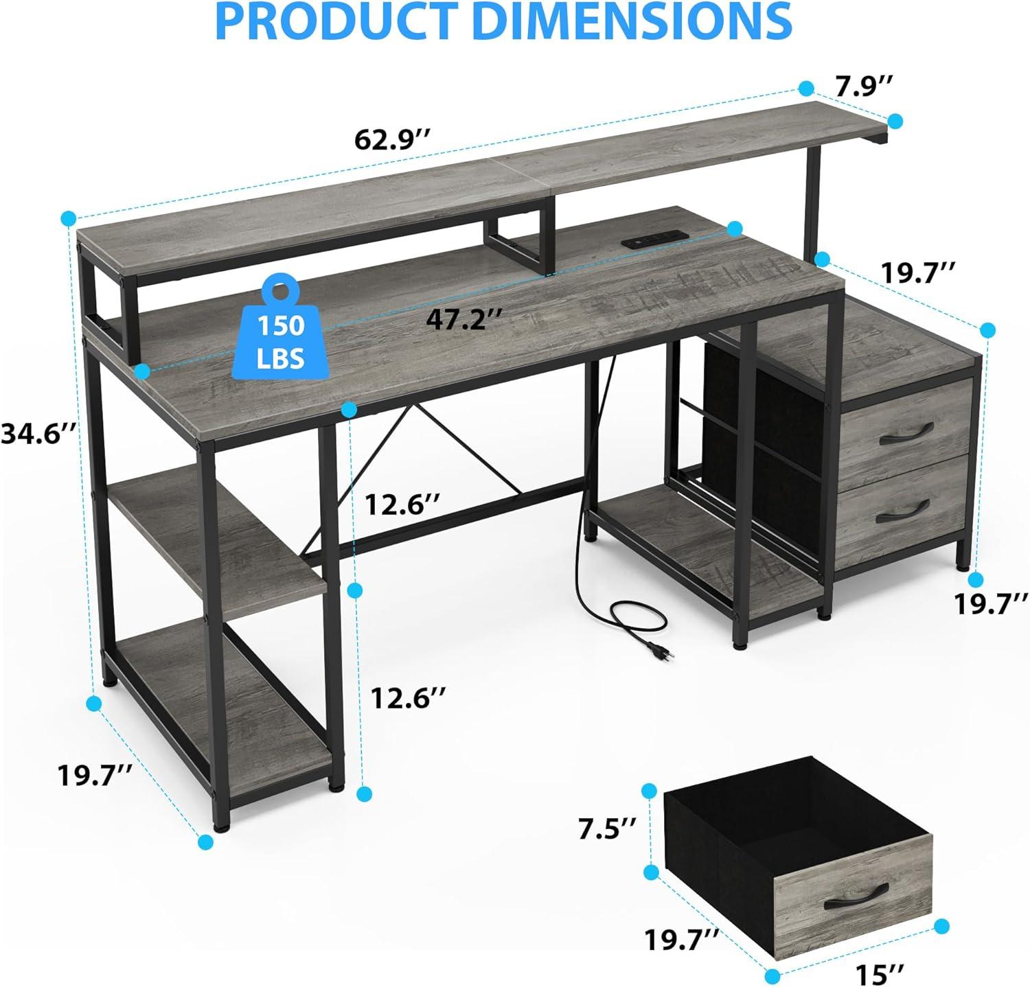 Computer Gaming Desk with File Drawers, 63'' Home Office Desk with Power Outlets & LED Light, Printer Space, Monitor Stand, and Storage Shelves, Ideal for Work Game Study