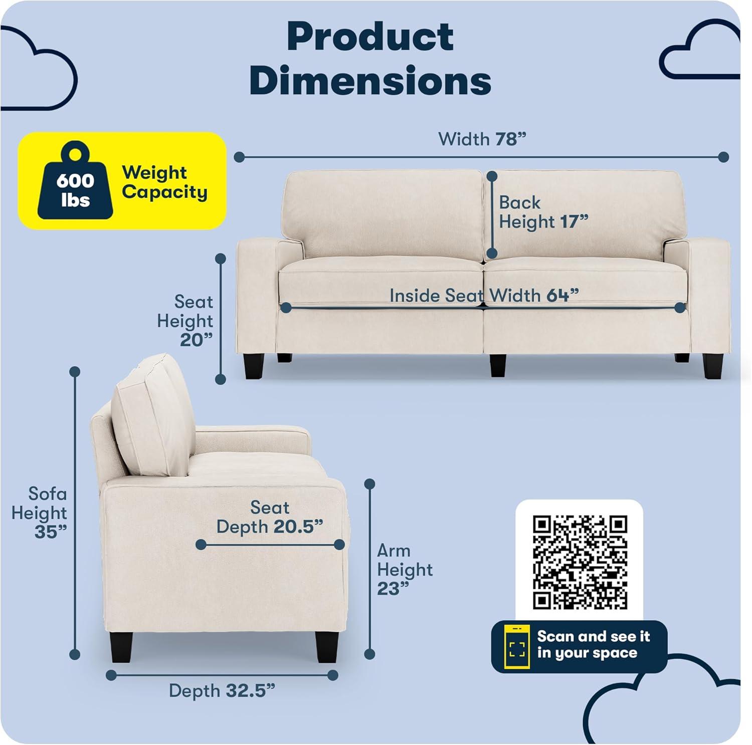 Serta Palisades 78" Track Arm Sofa, Easy Care Fabric, Soft Pillow Back, Pocket Coil Seat Cushions