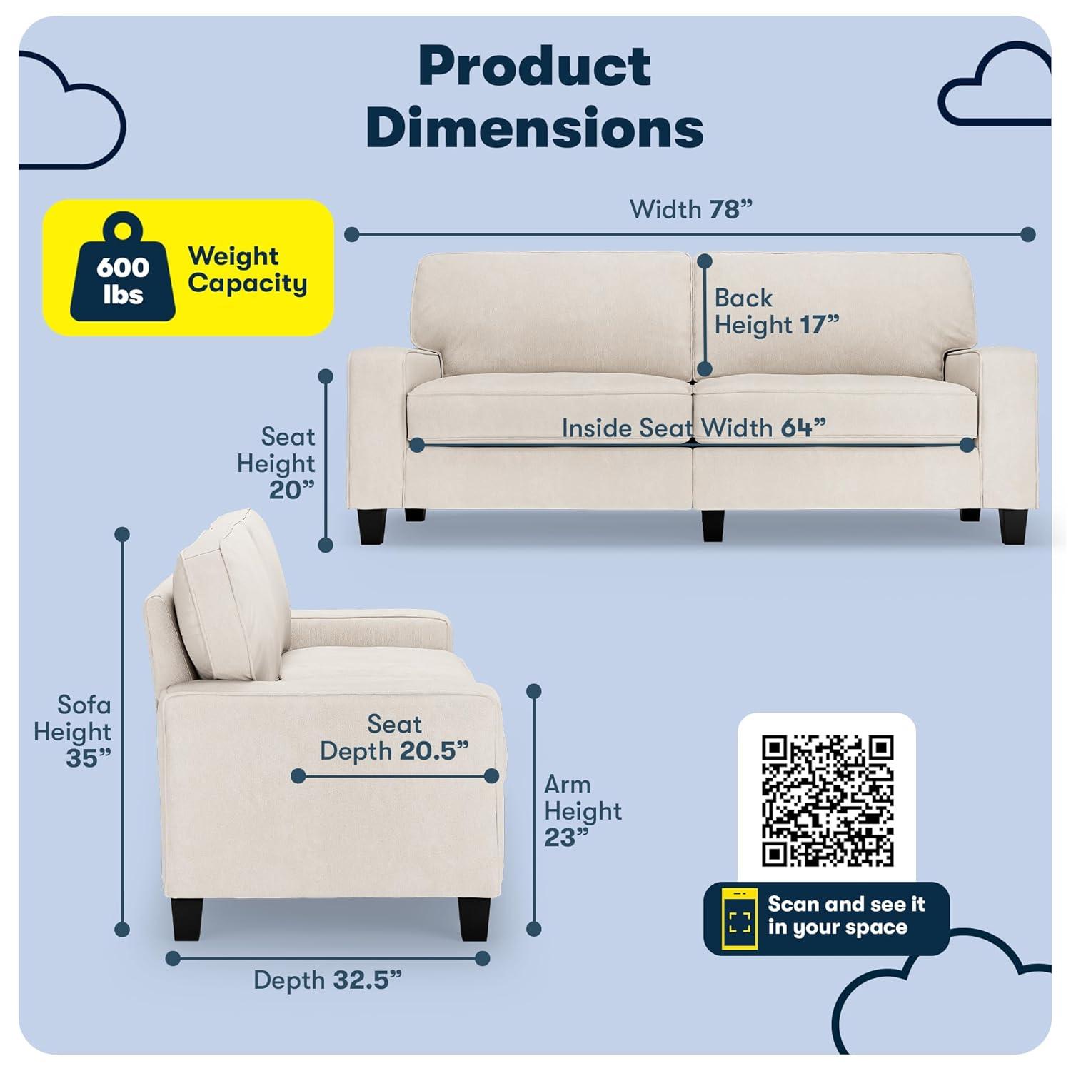 Serta Palisades 78" Track Arm Sofa, Easy Care Fabric, Soft Pillow Back, Pocket Coil Seat Cushions
