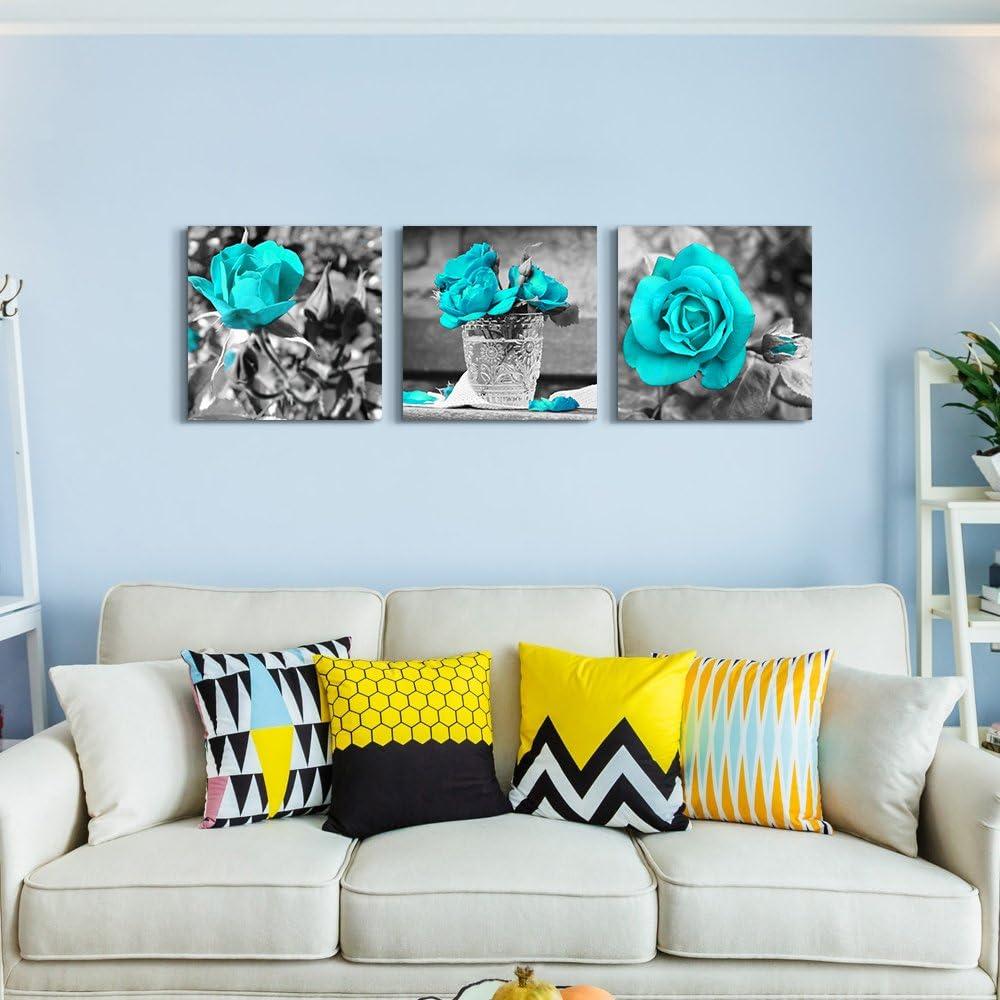 Canvas Wall Art For Bedroom Wall Decor For Living Room Black And White Wall Paintings Blue Rose Flowers Pictures Watercolor Giclee Canvas Prints Ready To Hang Room For Girls Home Decoration 3 Piece