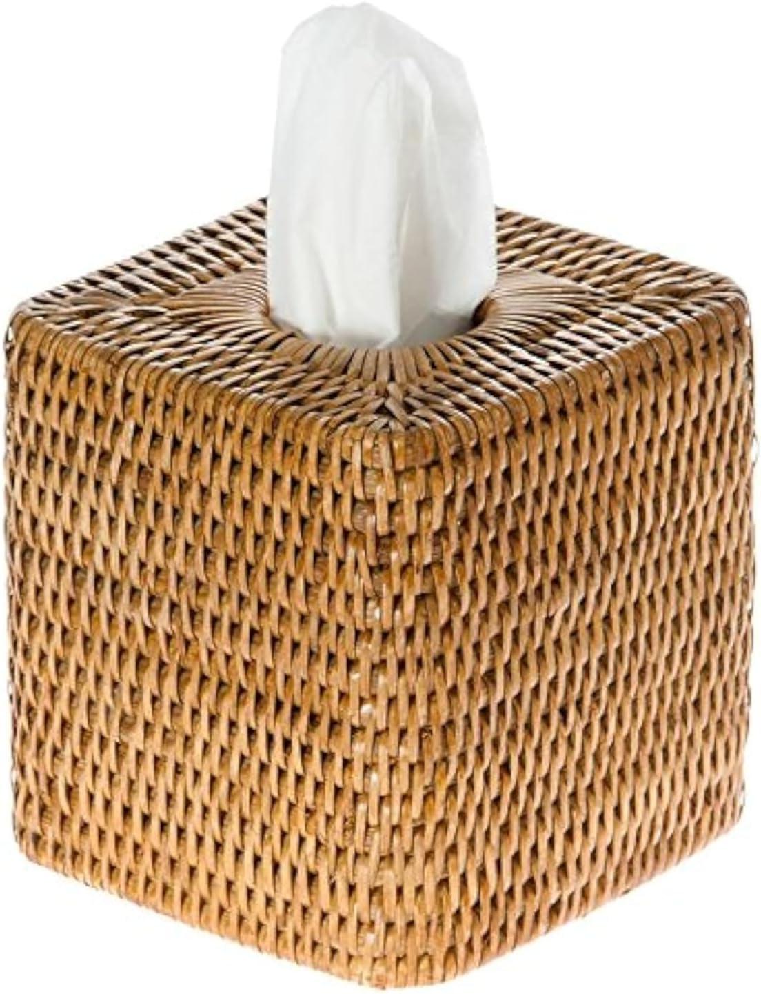 Kouboo Loma Square Rattan Tissue Box Cover, Square Hand Woven Tissue Holder, Decorative Facial Napkin Holder, Honey Brown