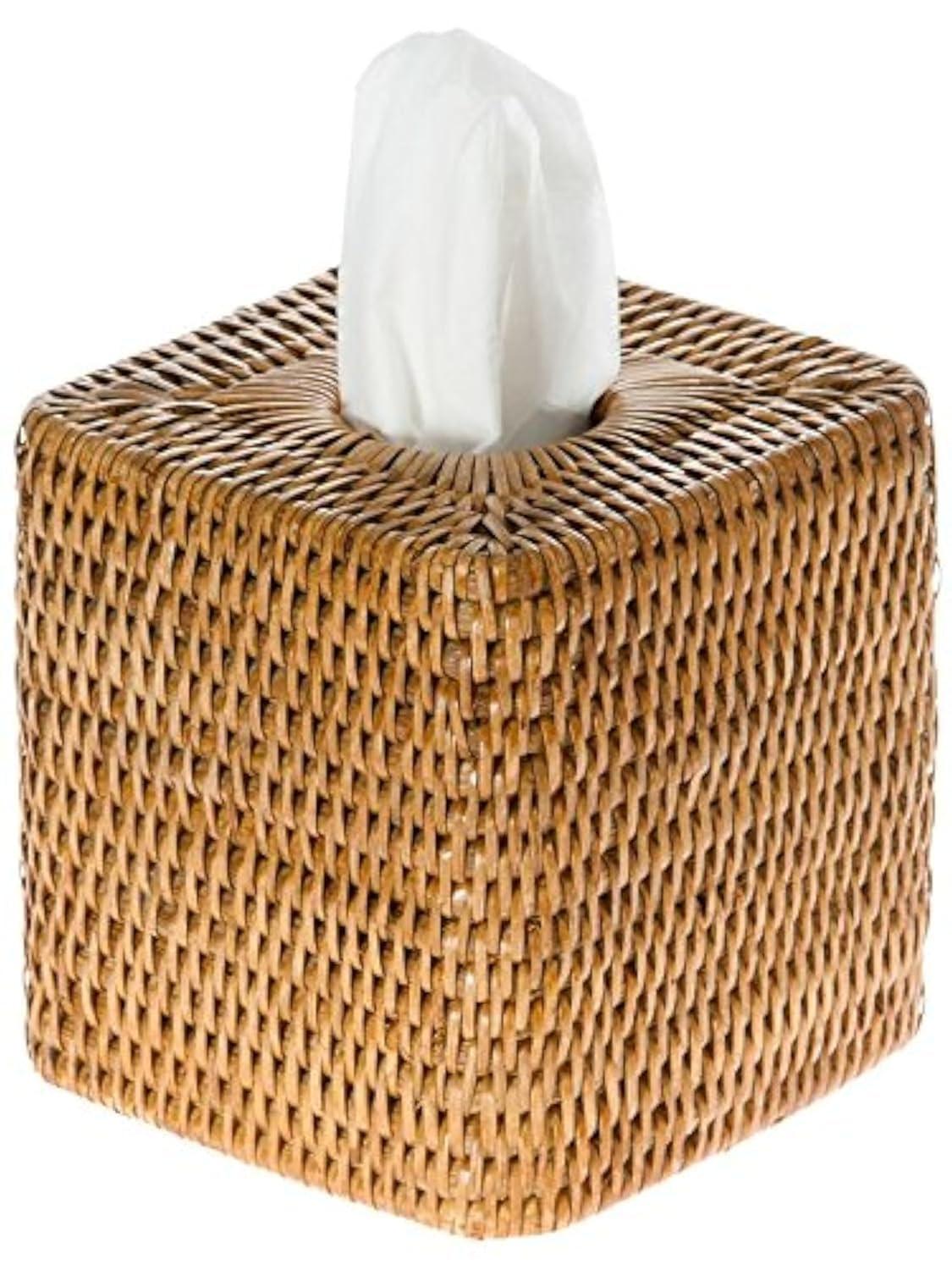 Kouboo Loma Square Rattan Tissue Box Cover, Square Hand Woven Tissue Holder, Decorative Facial Napkin Holder, Honey Brown