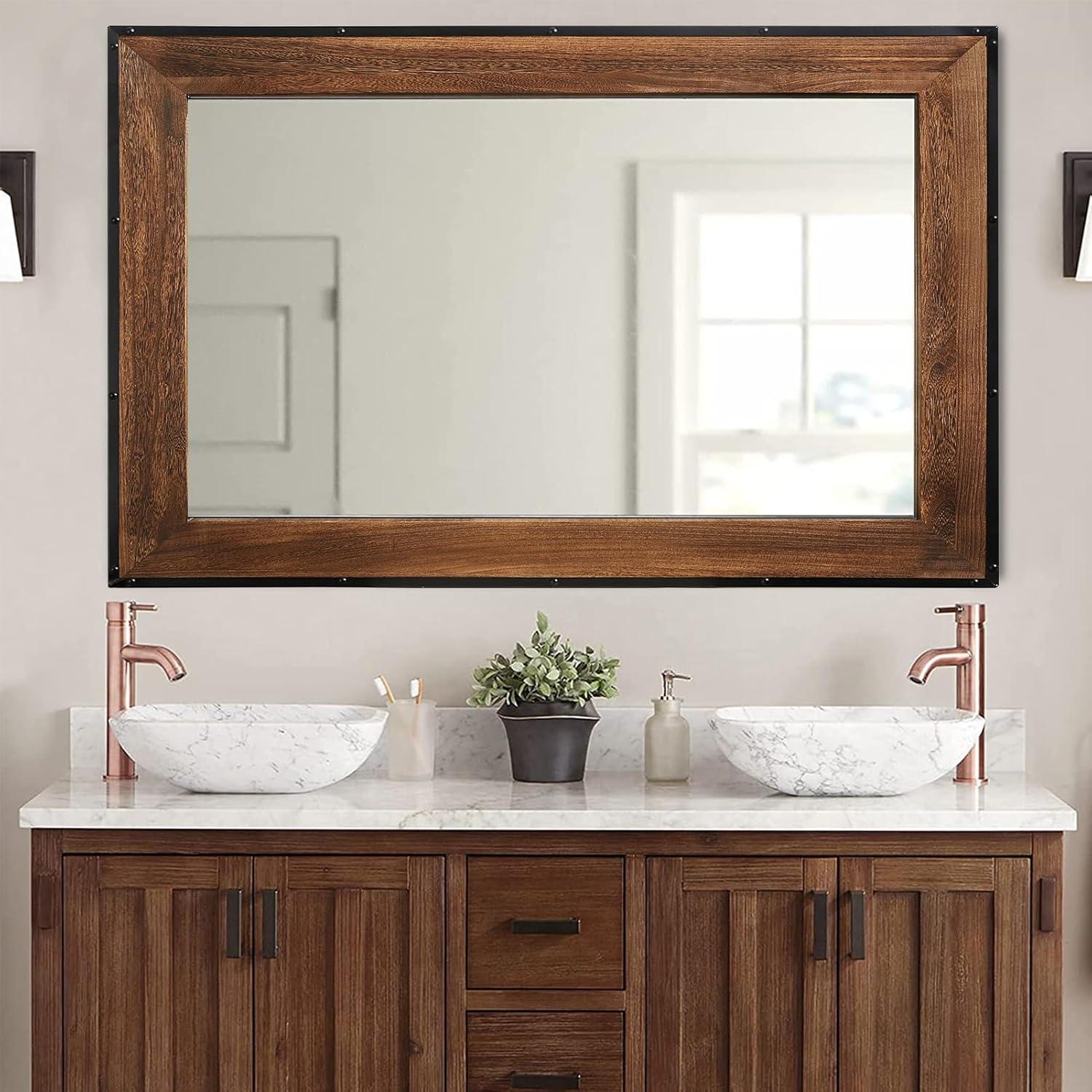 Rustic Natural Wood and Iron Rectangular Wall Mirror