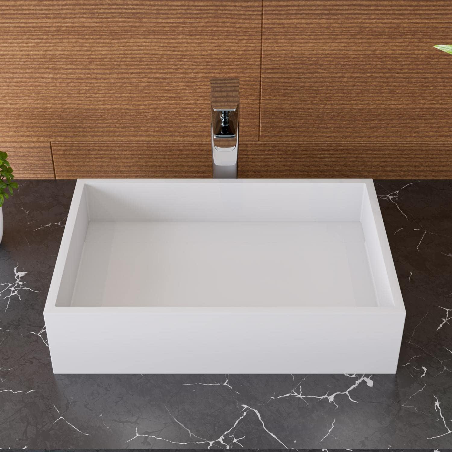 White Matte Resin Rectangular Bathroom Vessel Sink