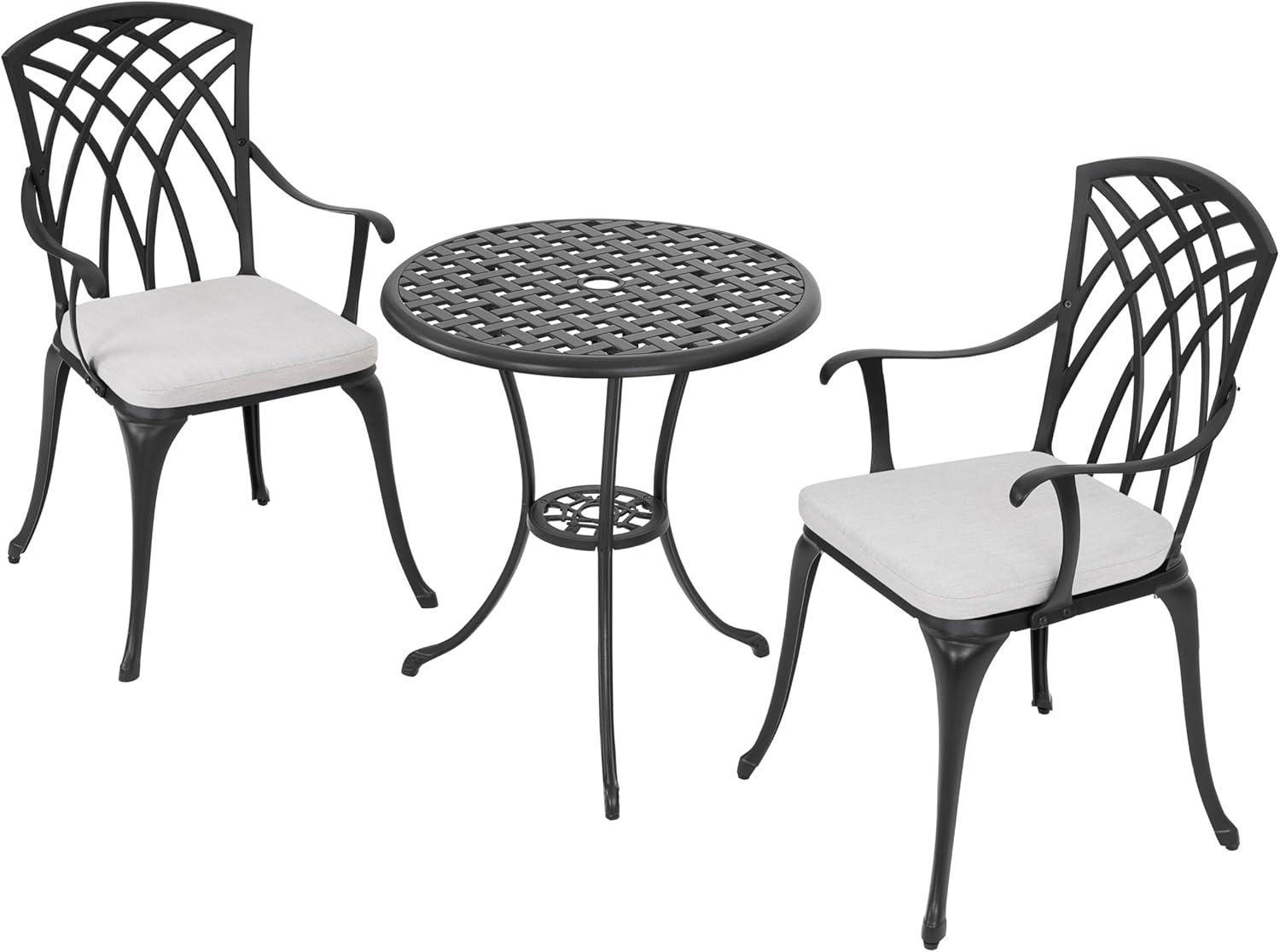 Black Cast Aluminum 3-Piece Bistro Set with Grey Cushions