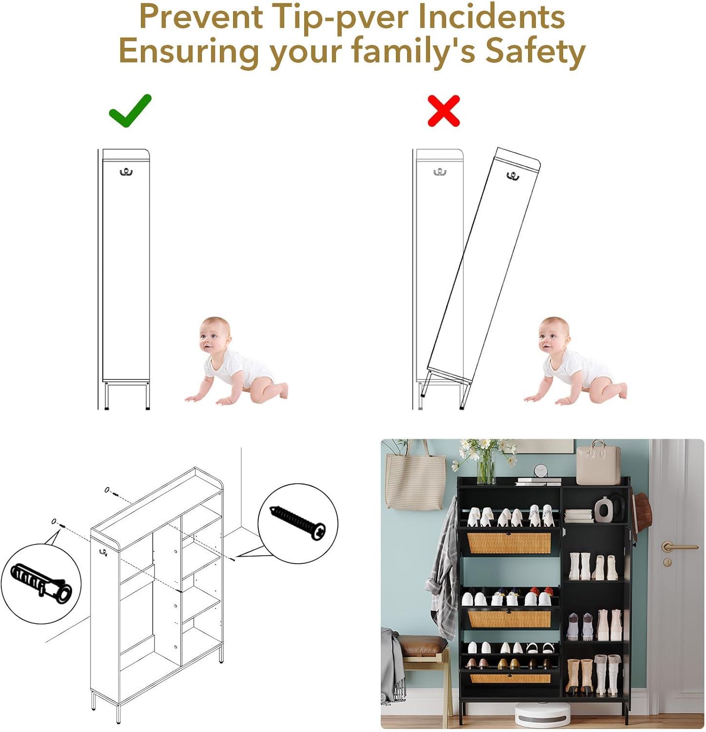TROPOW Gabinete de Almacenamiento de Zapatos, Gabinete de Zapatos de 3 Niveles con Cajones Abatibles, Organizador de Almacenamiento de Zapatos Estrecho Independiente con Estantes Ajustables, Gabinete de Zapatero para Entrada, Cerca en la Parte Superior, Retro
