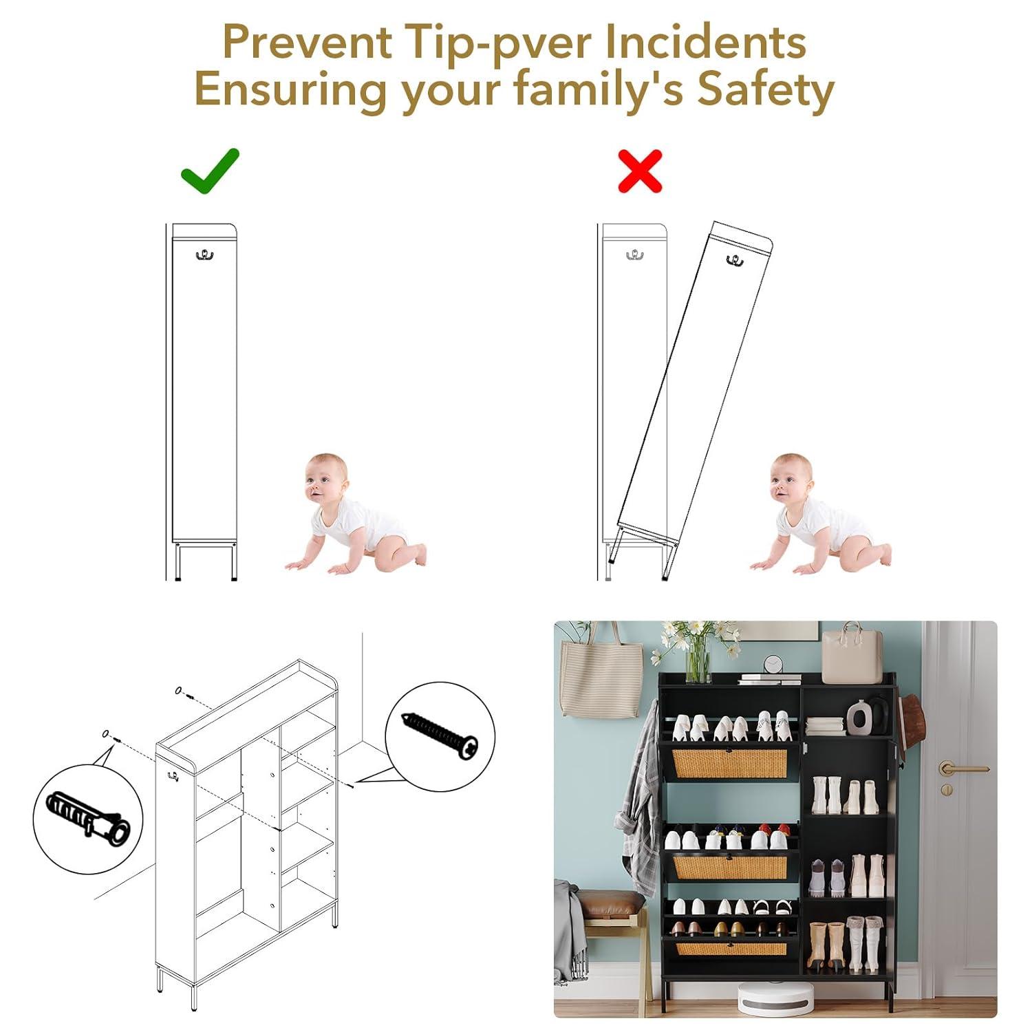 TROPOW Gabinete de Almacenamiento de Zapatos, Gabinete de Zapatos de 3 Niveles con Cajones Abatibles, Organizador de Almacenamiento de Zapatos Estrecho Independiente con Estantes Ajustables, Gabinete de Zapatero para Entrada, Cerca en la Parte Superior, Retro