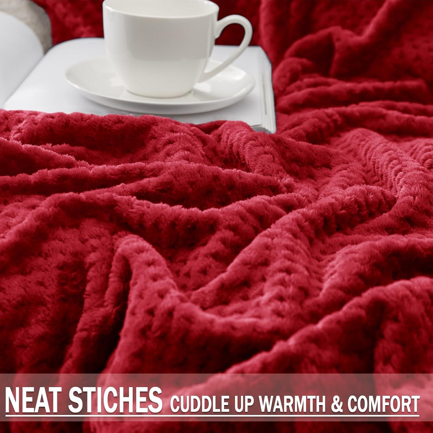 Exclusivo Mezcla Waffle Textured Extra Large Fleece Blanket, Super Soft and Warm Throw Blanket for Couch, Sofa and Bed (Burgundy, 50"x70")-Cozy, Fuzzy and Lightweight