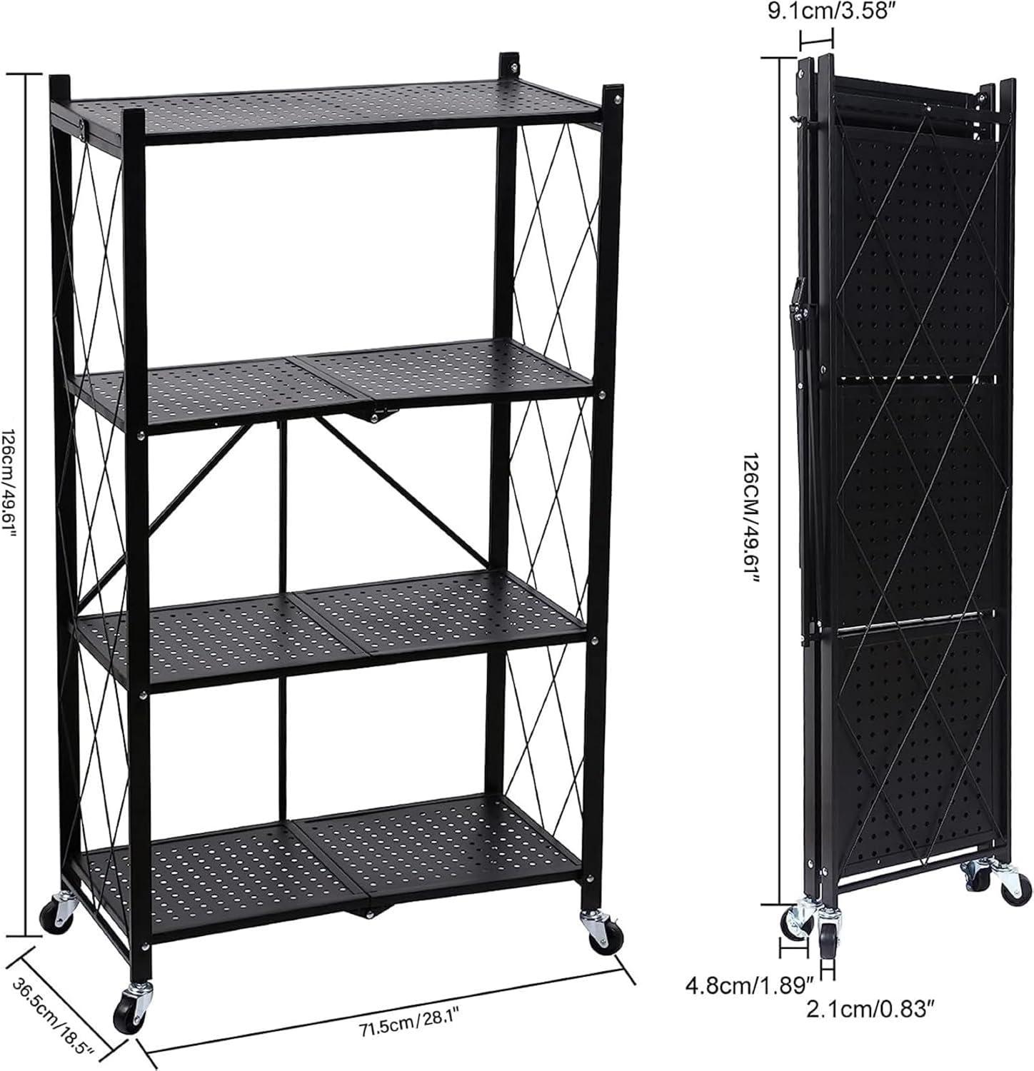 HeSLehs 4-Tier Heavy Duty Foldable Metal Rack Storage Shelving Unit with Wheels Moving Easily Organizer Shelves Great for Garage Kitchen, Black