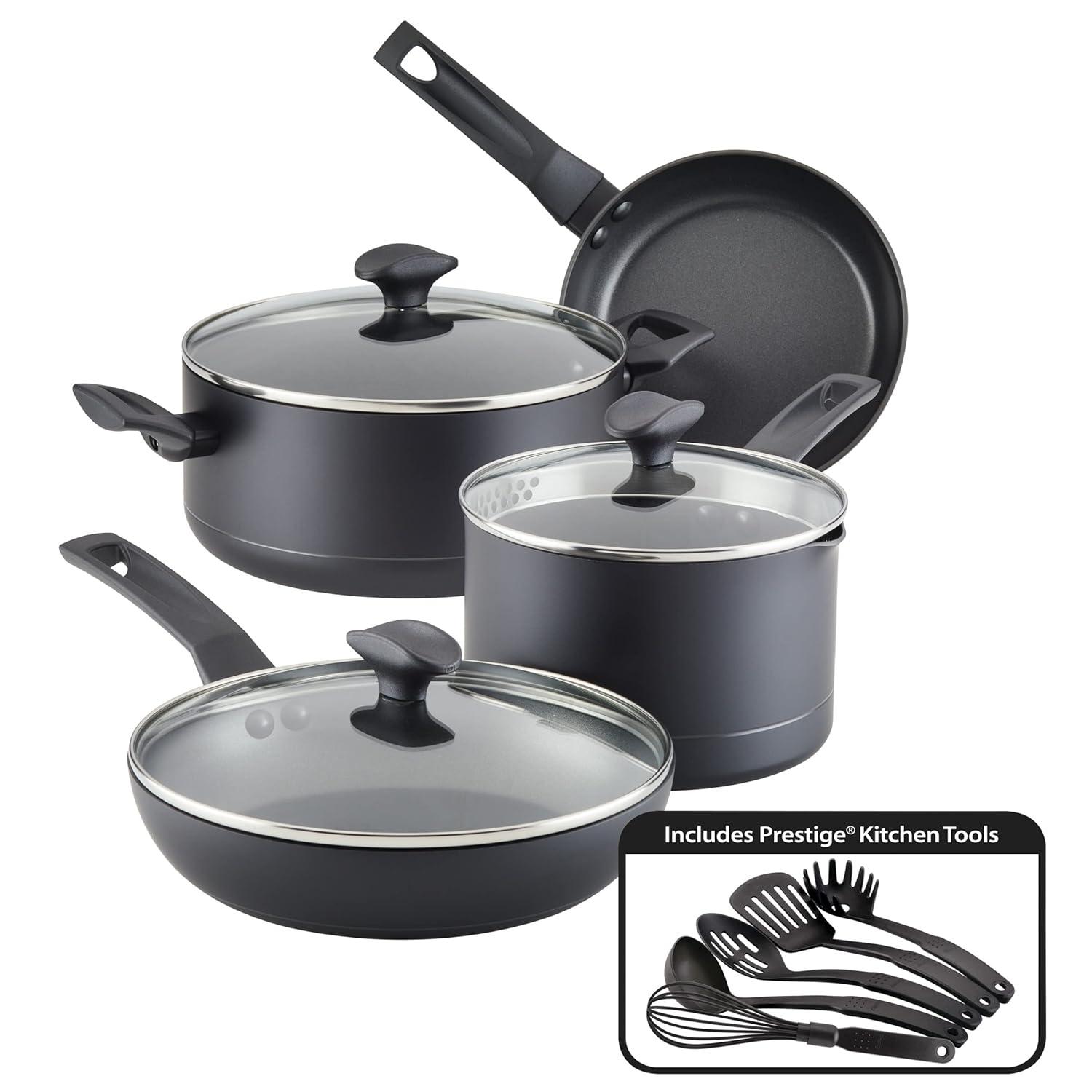 Farberware Farberware Power Base Nonstick Cookware Pots And Pan Set With Cooking Kitchen Utensils, 12 Piece, Matte Black