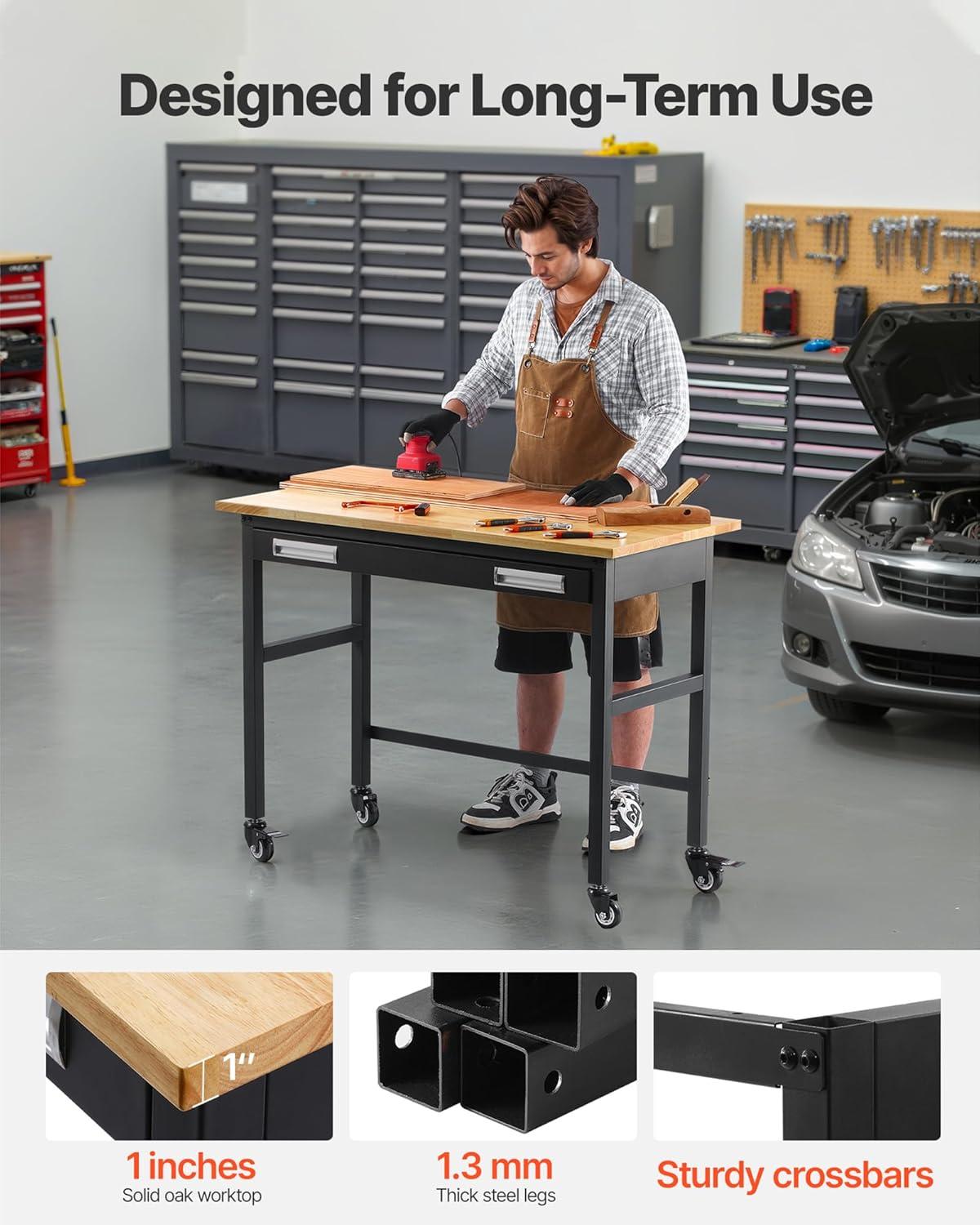 VEVOR Workbench, 48-inch Garage Workbench with Drawer Storage & Wheels, 1500 lbs Load Capacity Workshop Bench on Wheels, Heavy Duty Oak Wood Top Work Table for Garage, Workshop, Office, and Home