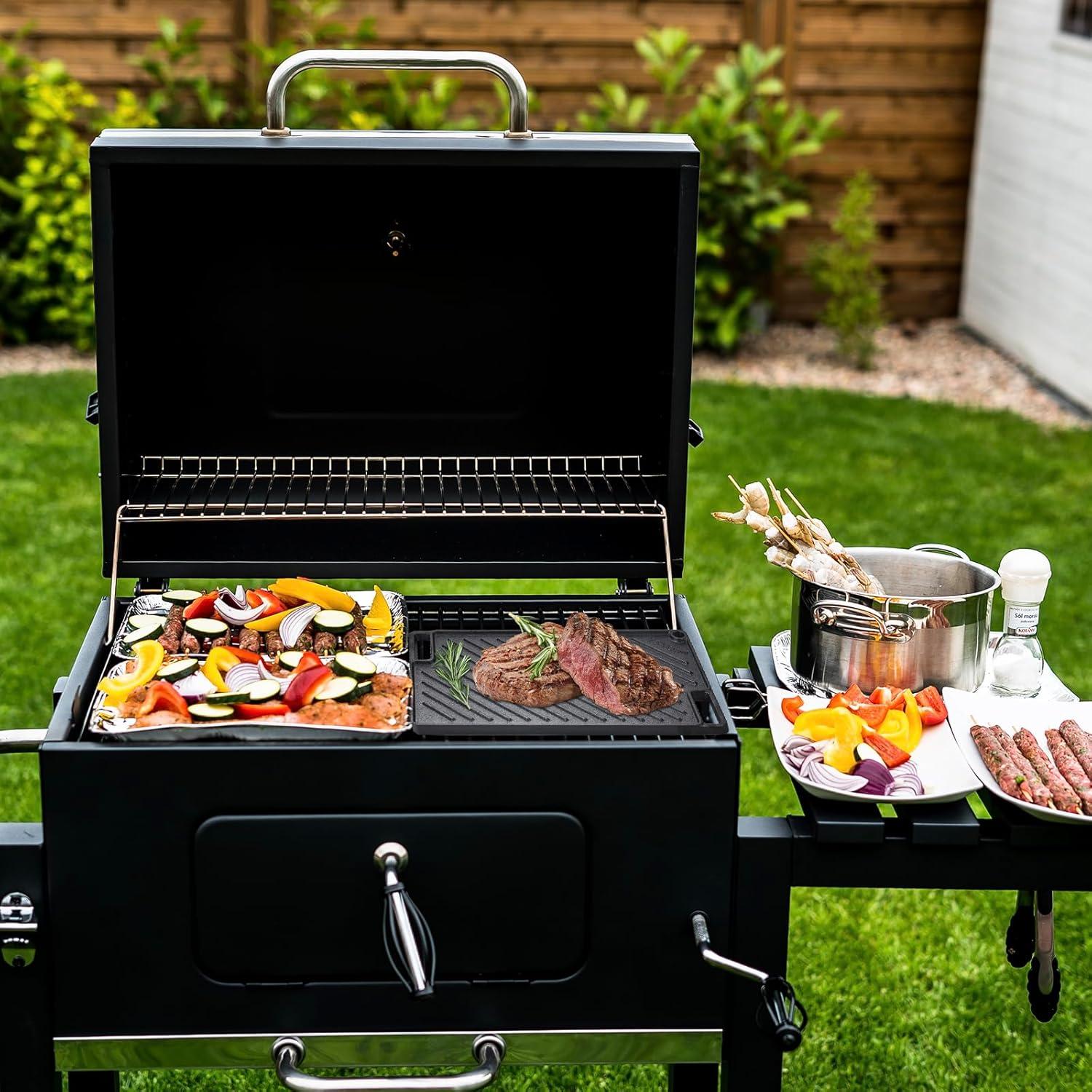 VEVOR Reversible Grill/Griddle, 14x8.5 inch Pre-Seasoned Cast Iron Griddle, Portable Rectangular Pan with Handle, Family Cookware for Indoor/Outdoor Stove Top Burner, Gas, Camping BBQ, Black