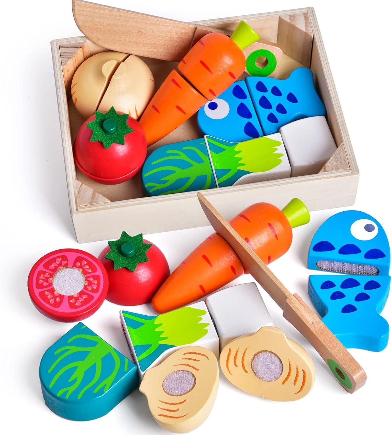 Fun Little Toys Wooden Vegetable Chopper Set – Pretend Play Food Cutting Toy for Kids, Montessori Kitchen Playset