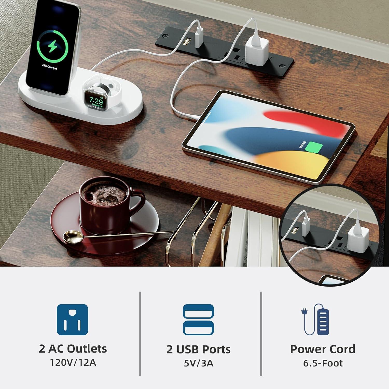 Somdot Bedside Table Set of 2 with Charging Station, LED and Storage Shelfs for Bedroom Living Room, Wood Grain Print