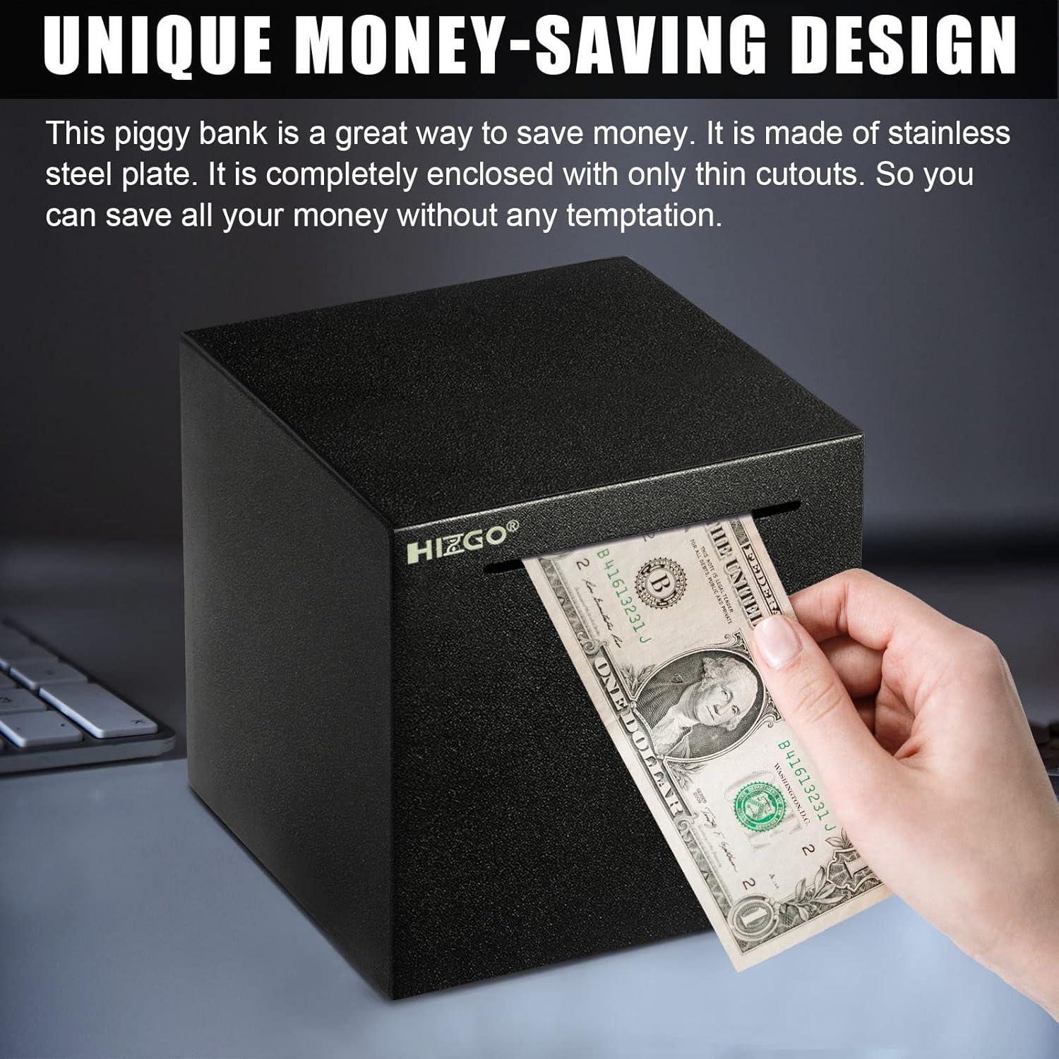 hizgo Adult Stainless Steel Piggy Bank,Coin Saving for Must Break to Open -Kids Money Saving Box (Black 4.72 inch)