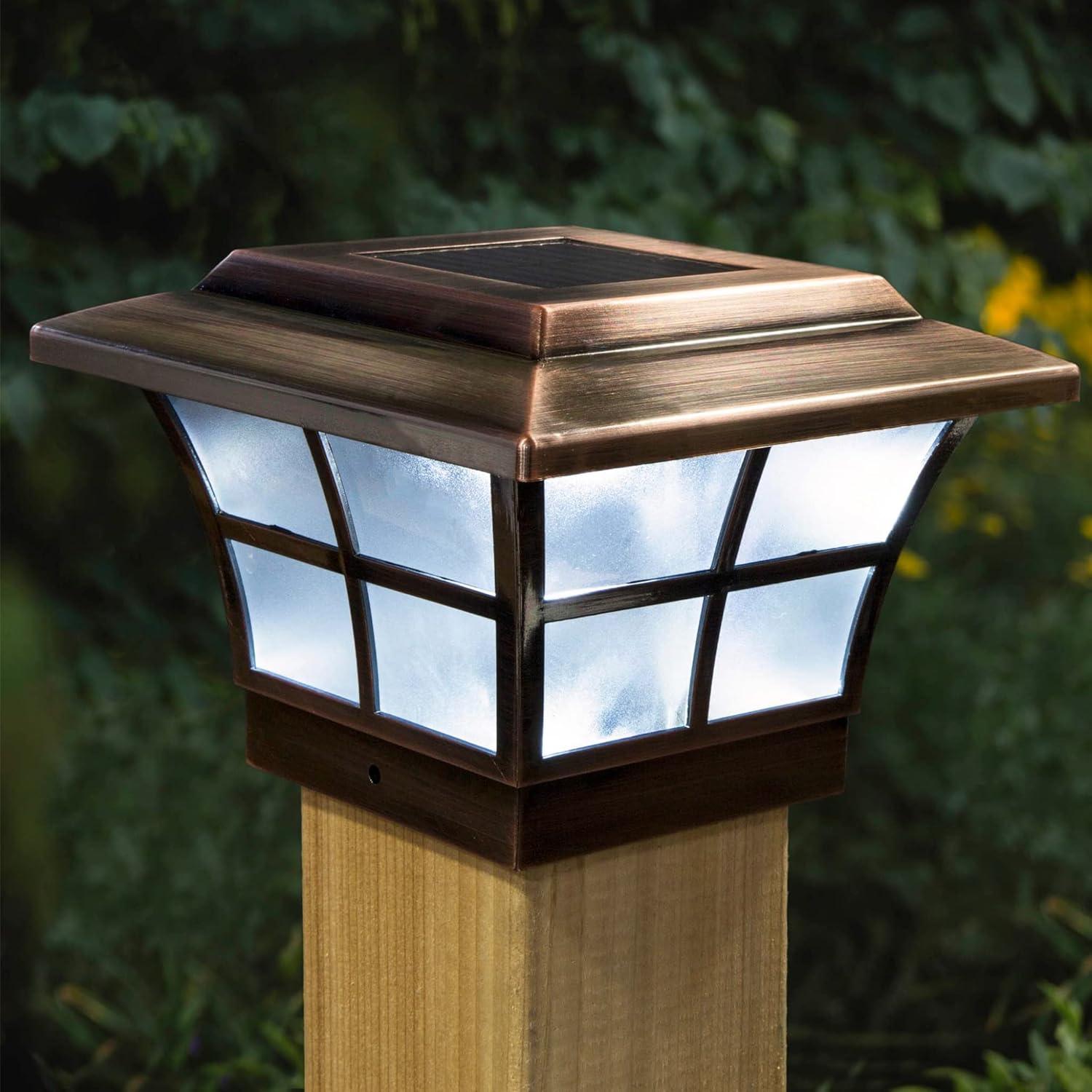 Copper LED Solar Post Cap with Frosted Glass Panels