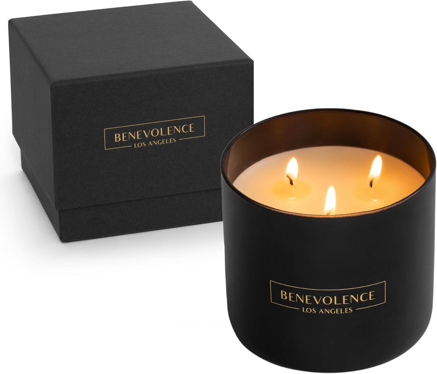 Benevolence LA Premium All Natural Soy 3 Wick Candles In Matte Black Glass Jar - Fig Tree Scent (14.5 oz)