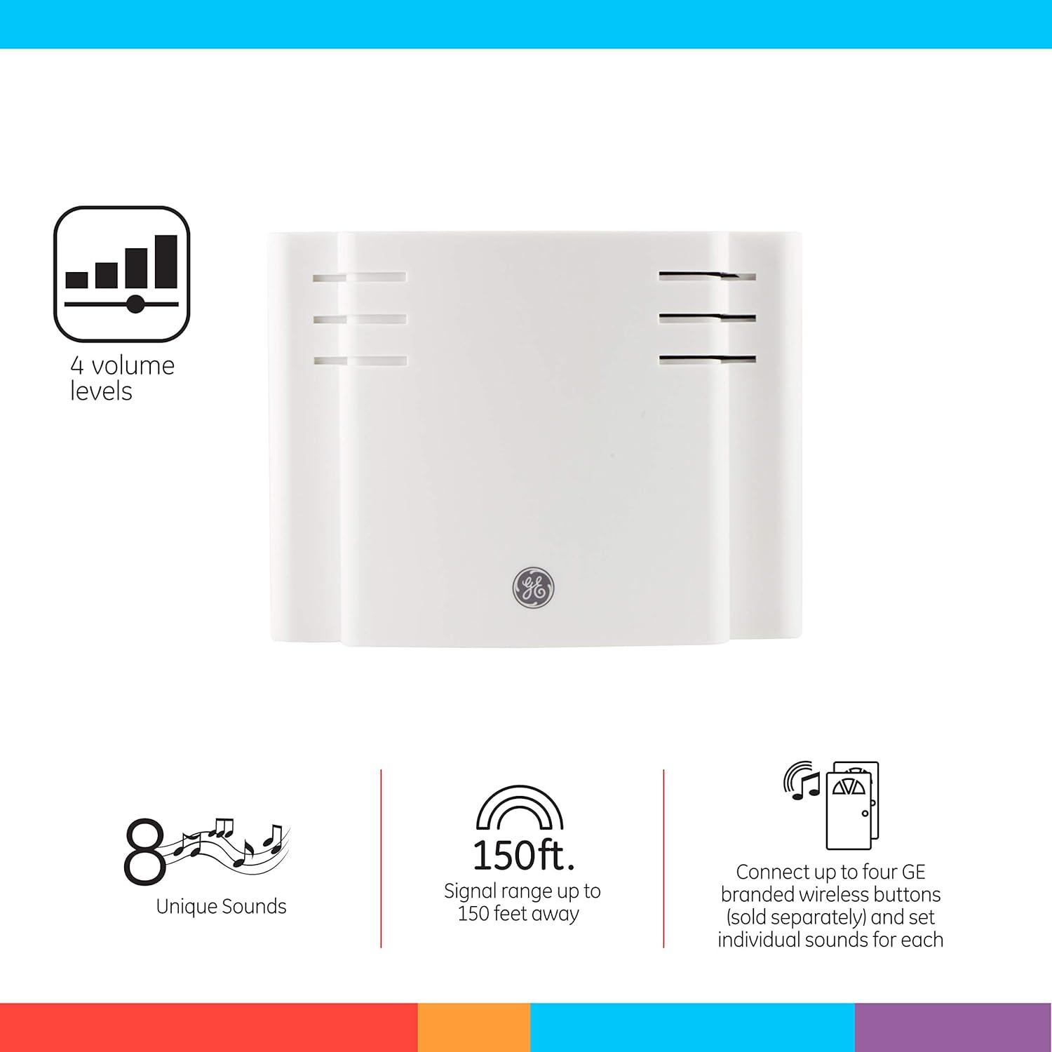 GE Wireless Doorbell Kit, 8 Chime Melodies, 1 Receiver, 2 Push Buttons, Battery-Operated, 19297