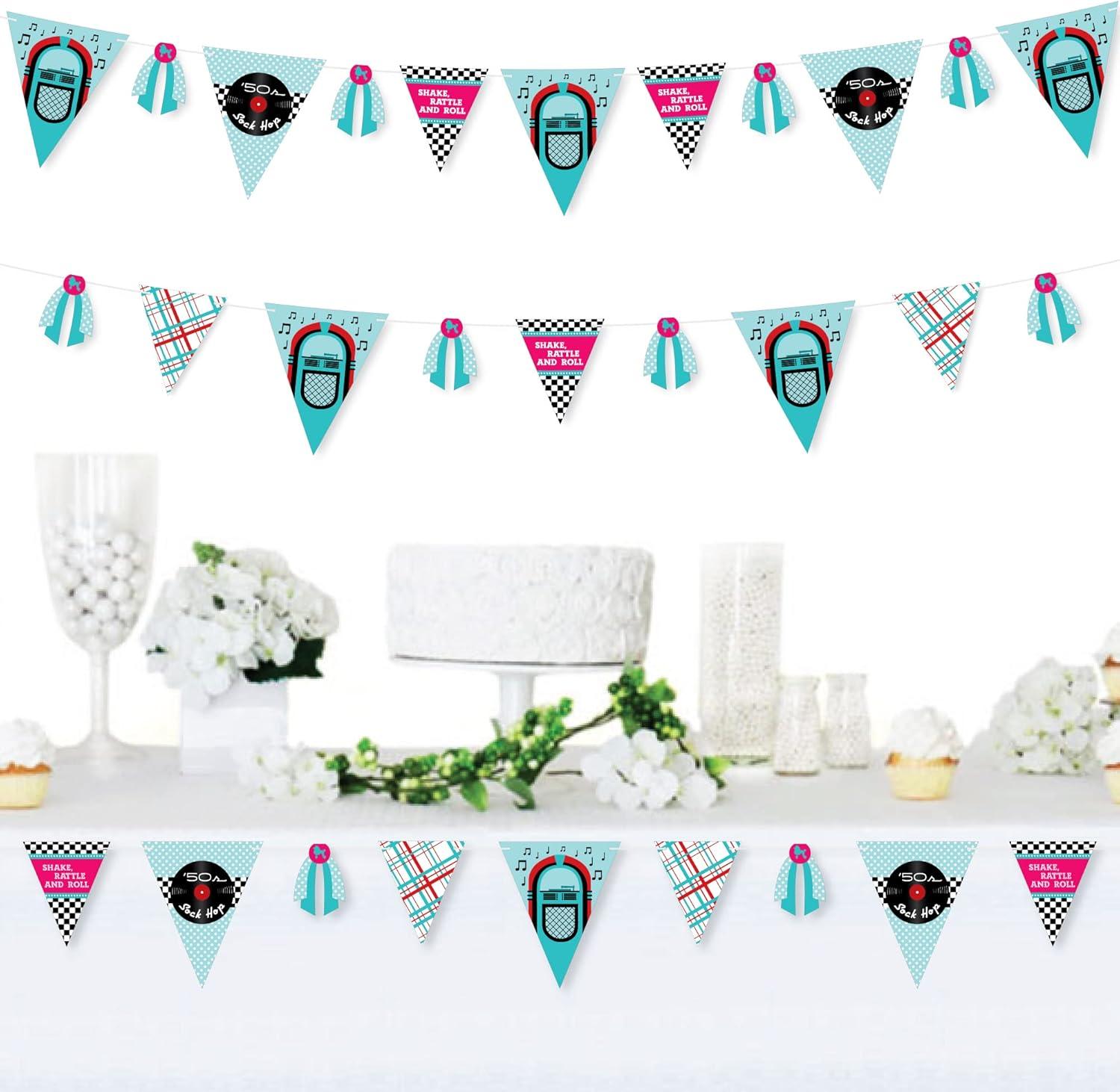 Big Dot of Happiness 50's Sock Hop - DIY 1950s Rock N Roll Party Pennant Garland Decoration - Triangle Banner - 30 Pieces