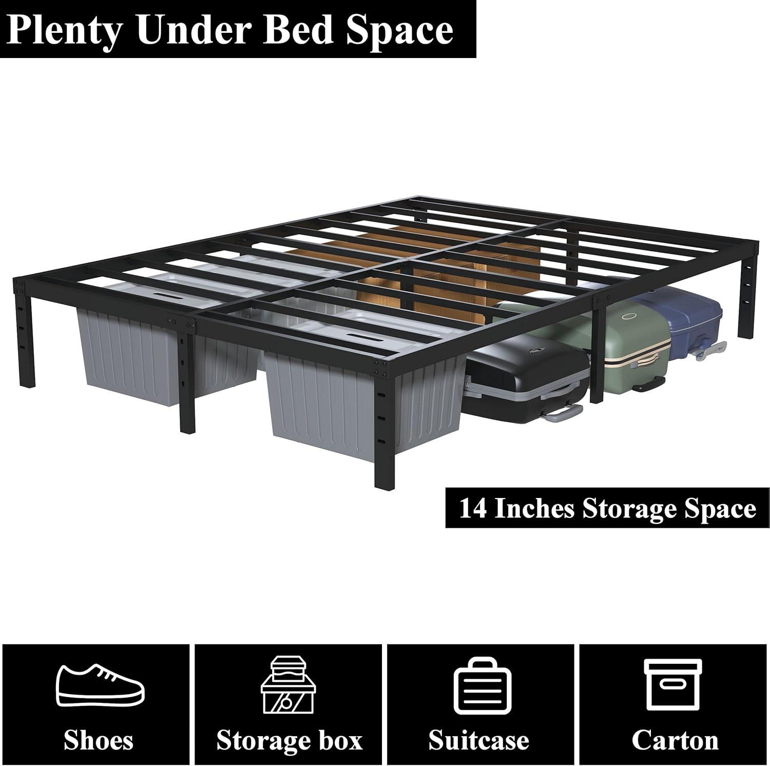 16 Inch Black Metal Queen Bed Frame with Storage