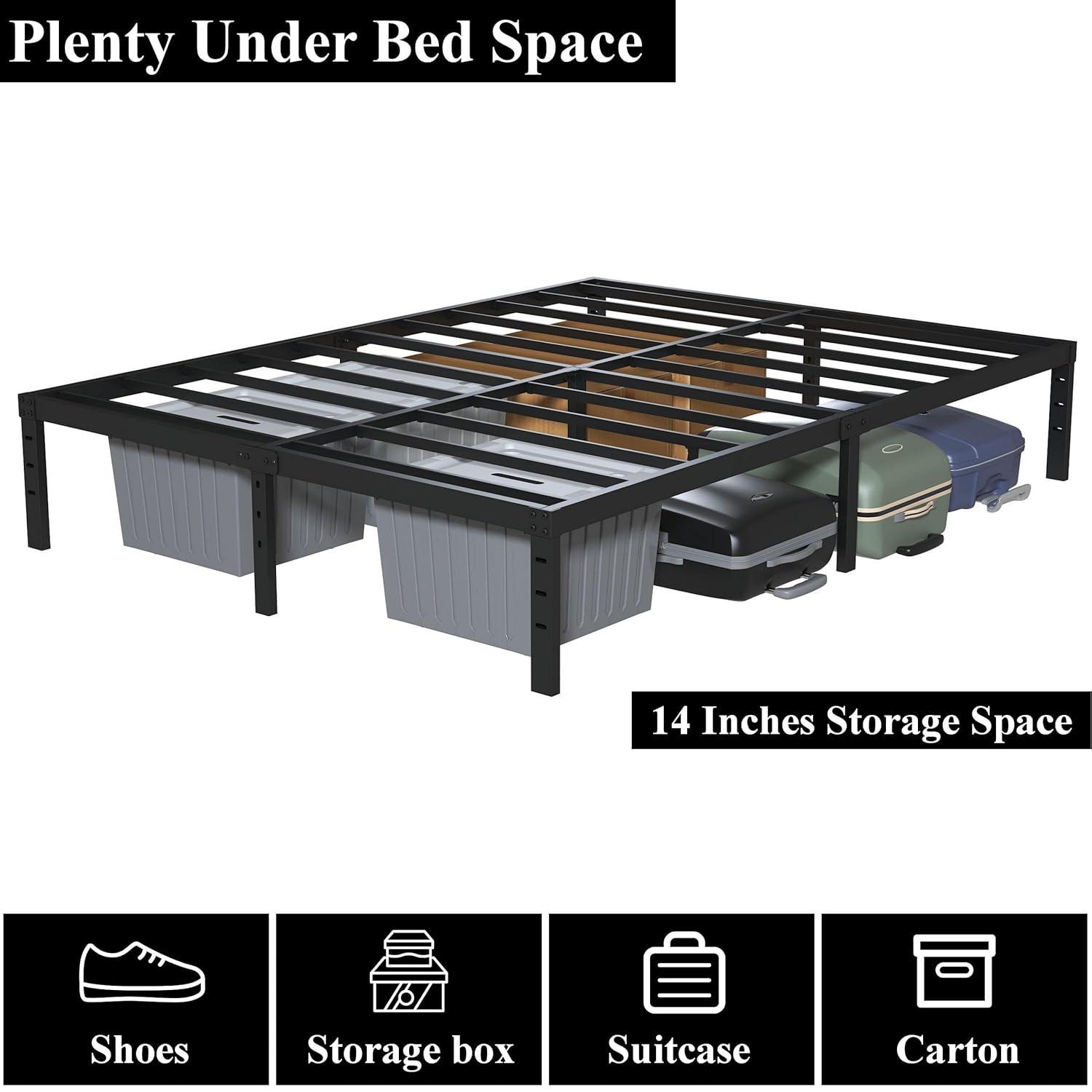 16 Inch Queen Bed Frame No Box Spring Required, Metal Platform Queen Size Bed Frames with 14 Inch Storage, 3,500 lbs Heavy Duty Steel Slats Support, Easy Assembly Mattress Foundation