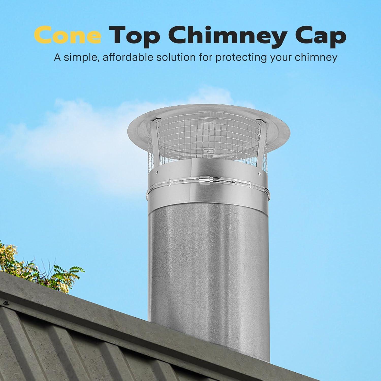 SPECSTAR 12" Cone Top Chimney Cap with Screen, Round Roof Rain Chimney Cover, Galvanized Steel Fireplace Exhaust Cap, Adjustable Roof Cap for Vent