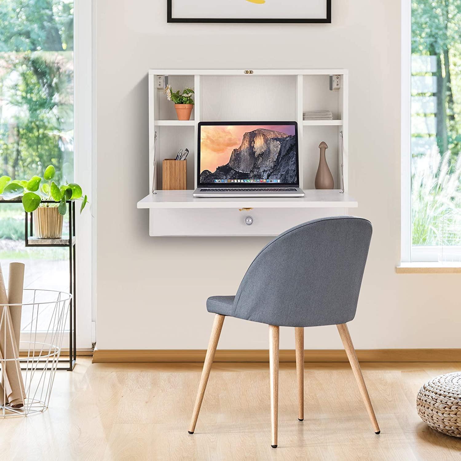 TrendSage Wall Mounted Table, Multifunctional Folding Hanging Storage Cabinet, Space Saving Computer Desk w/Storage Drawer and Shelves, Wall Mount Laptop Desk for Home Office (White)