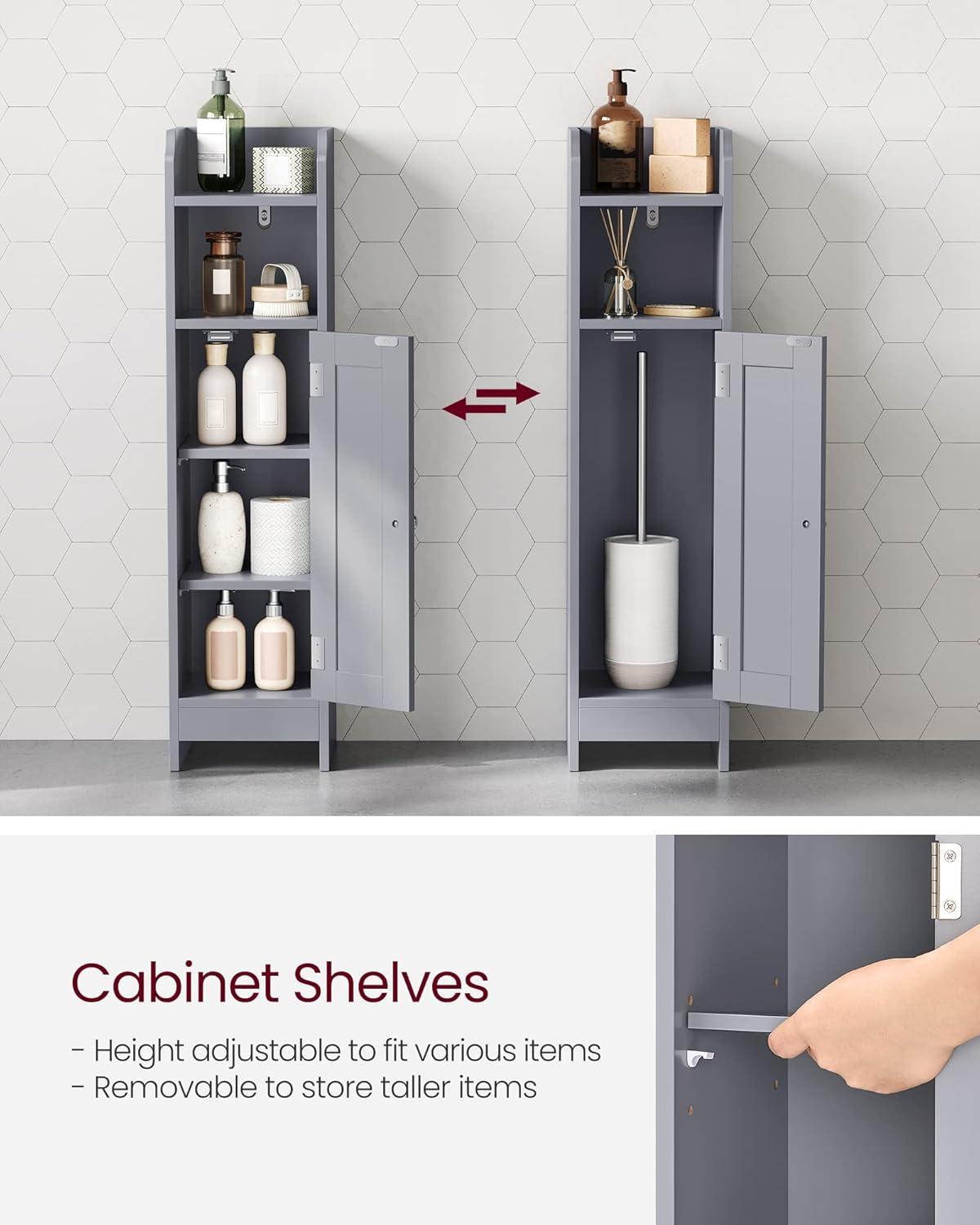 Mystic Gray MDF Narrow Bathroom Storage Cabinet with Adjustable Shelves