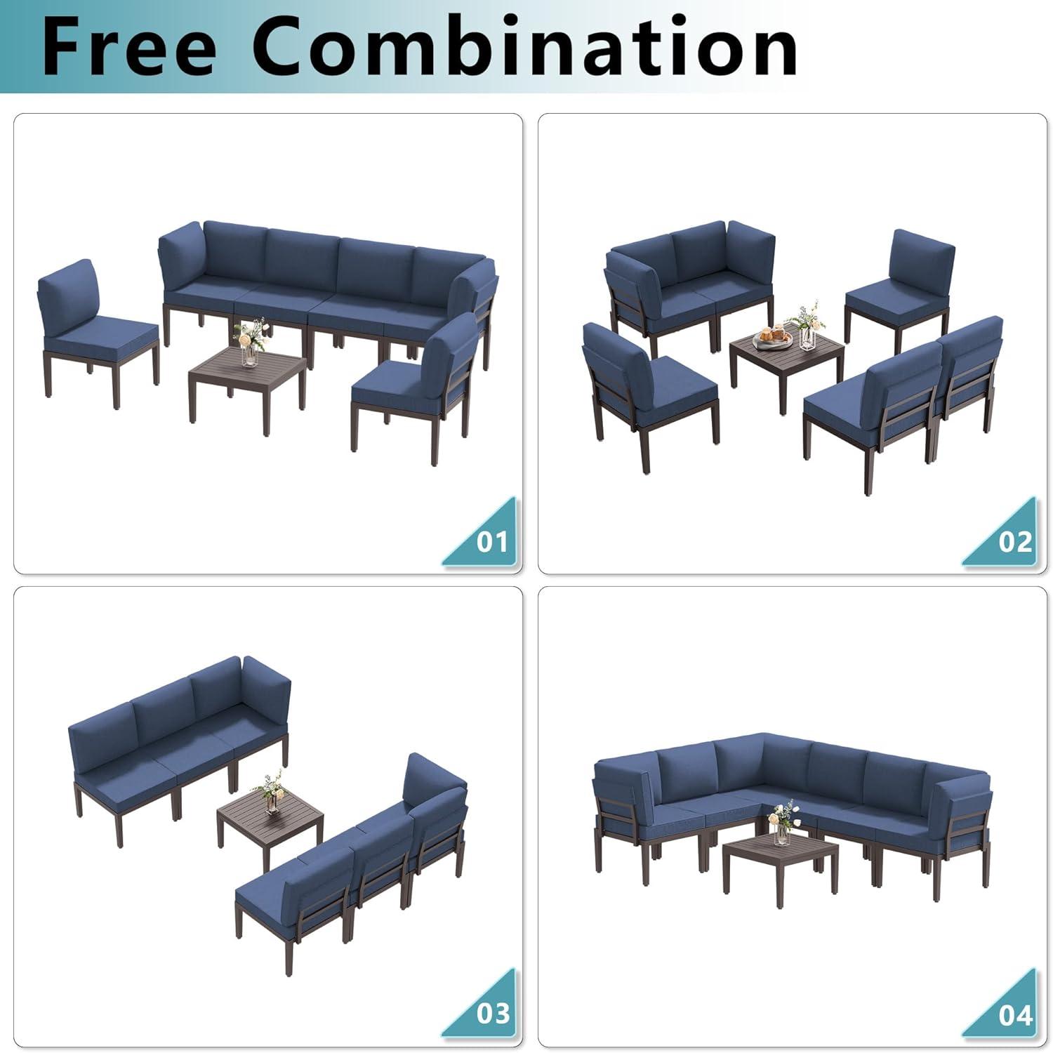 Navy Blue 7-Piece Metal Outdoor Sectional Sofa Set with Cushions